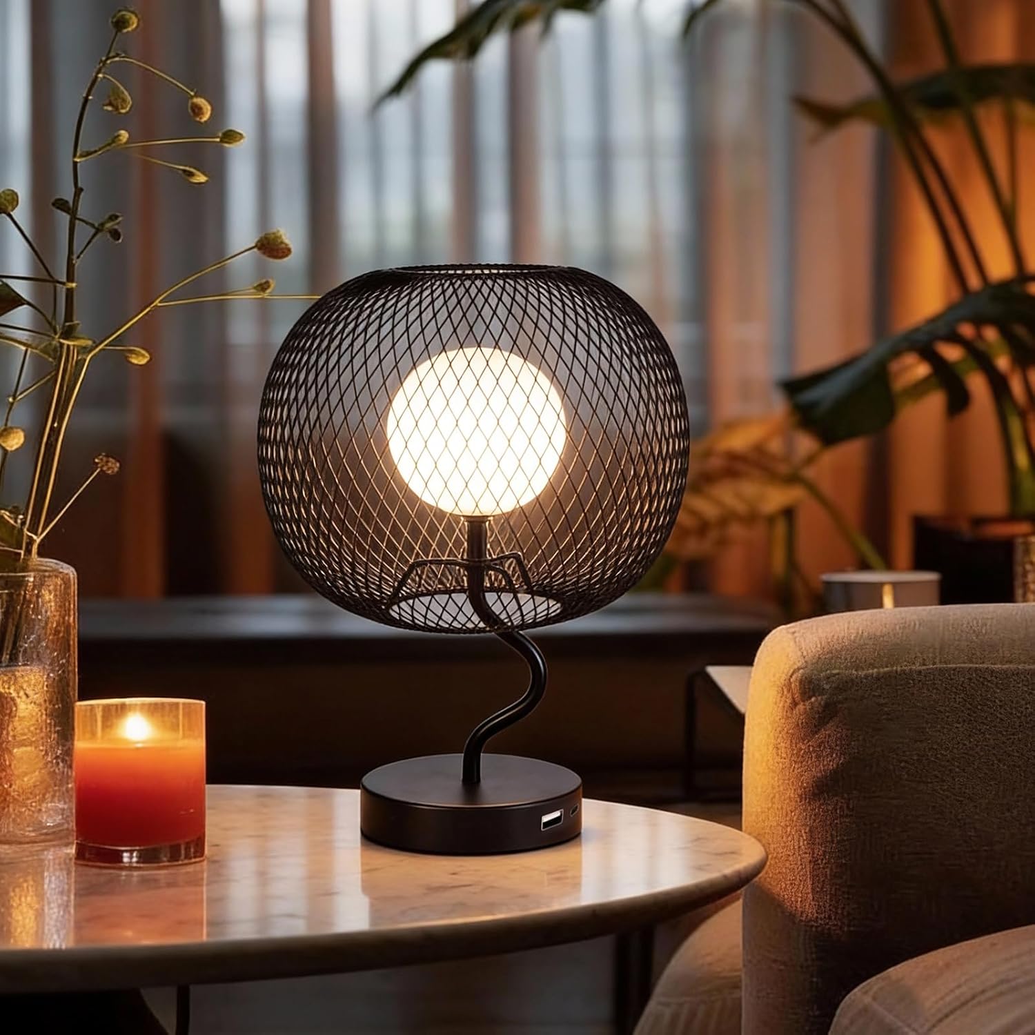 Cordless Touch Dimmable Table Lamp, Metal Mesh Shade USB-C Rechargeable