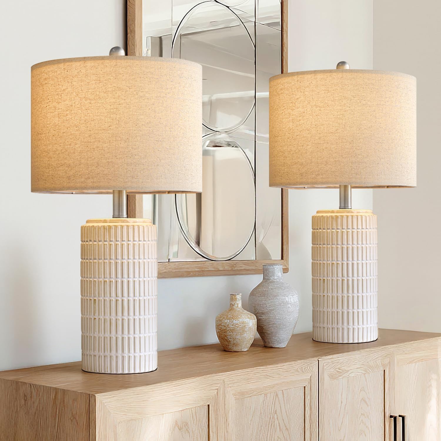 PoKat 20.75" Small Modern Ceramic Table Lamps Set of 2 for Bedroom, White Bedside Lamps for Night Stands, Farmhouse Desk Home Decor Gift Nightstand Table Lamps for Living Room End Table Beige