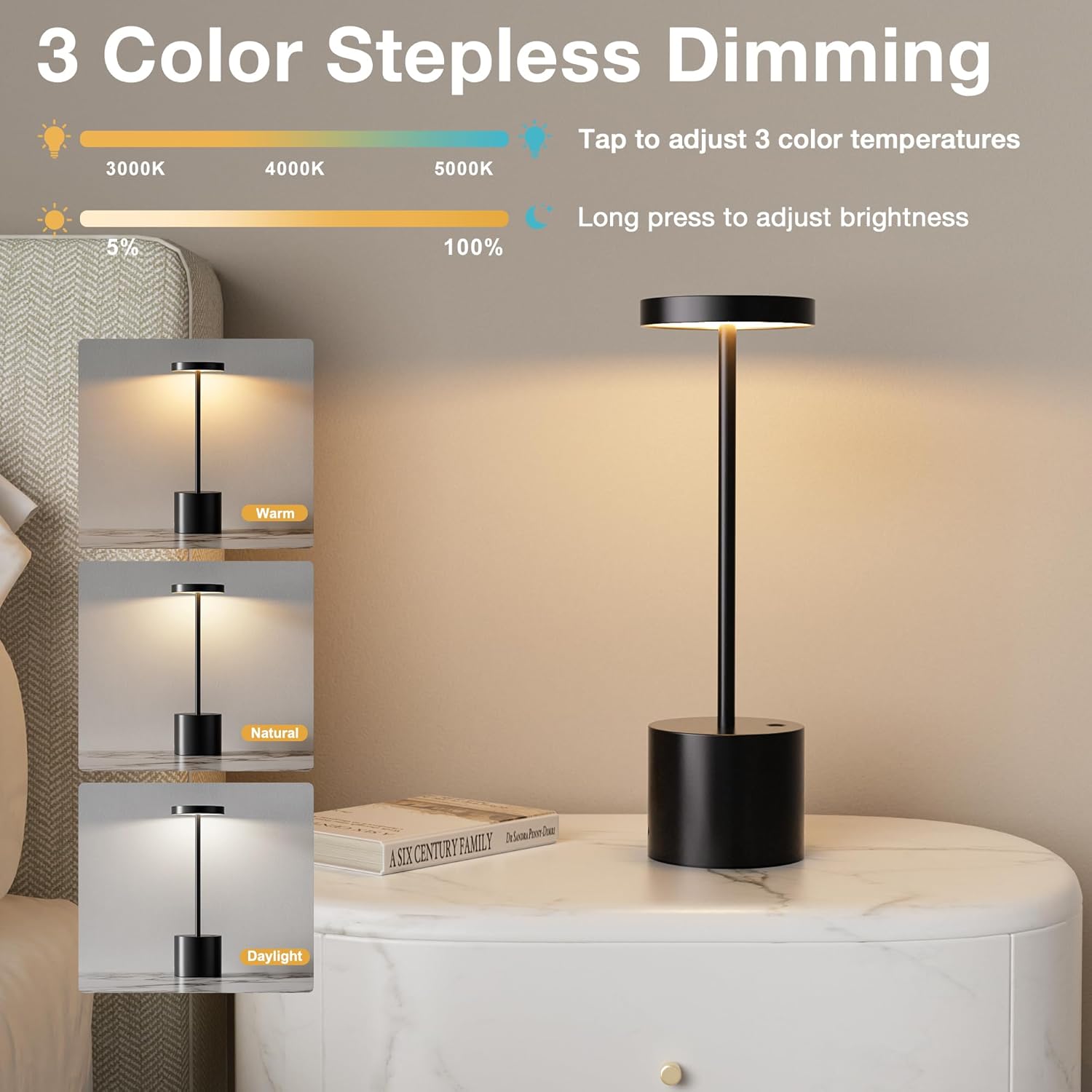 Black Cordless Table Lamp, 4000mAh Rechargeable Battery Powered Lamps, 3 Color Stepless Dimming, LED Wireless Outdoor Lamps for Dining Room, Bedroom, Bar, Cafe, Restaurant, Patio, Camping, Set of 2