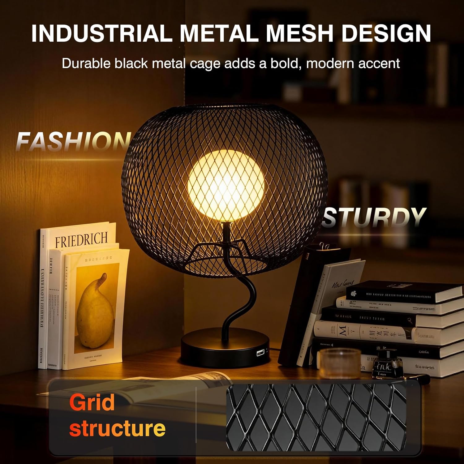Cordless Touch Dimmable Table Lamp, Metal Mesh Shade USB-C Rechargeable