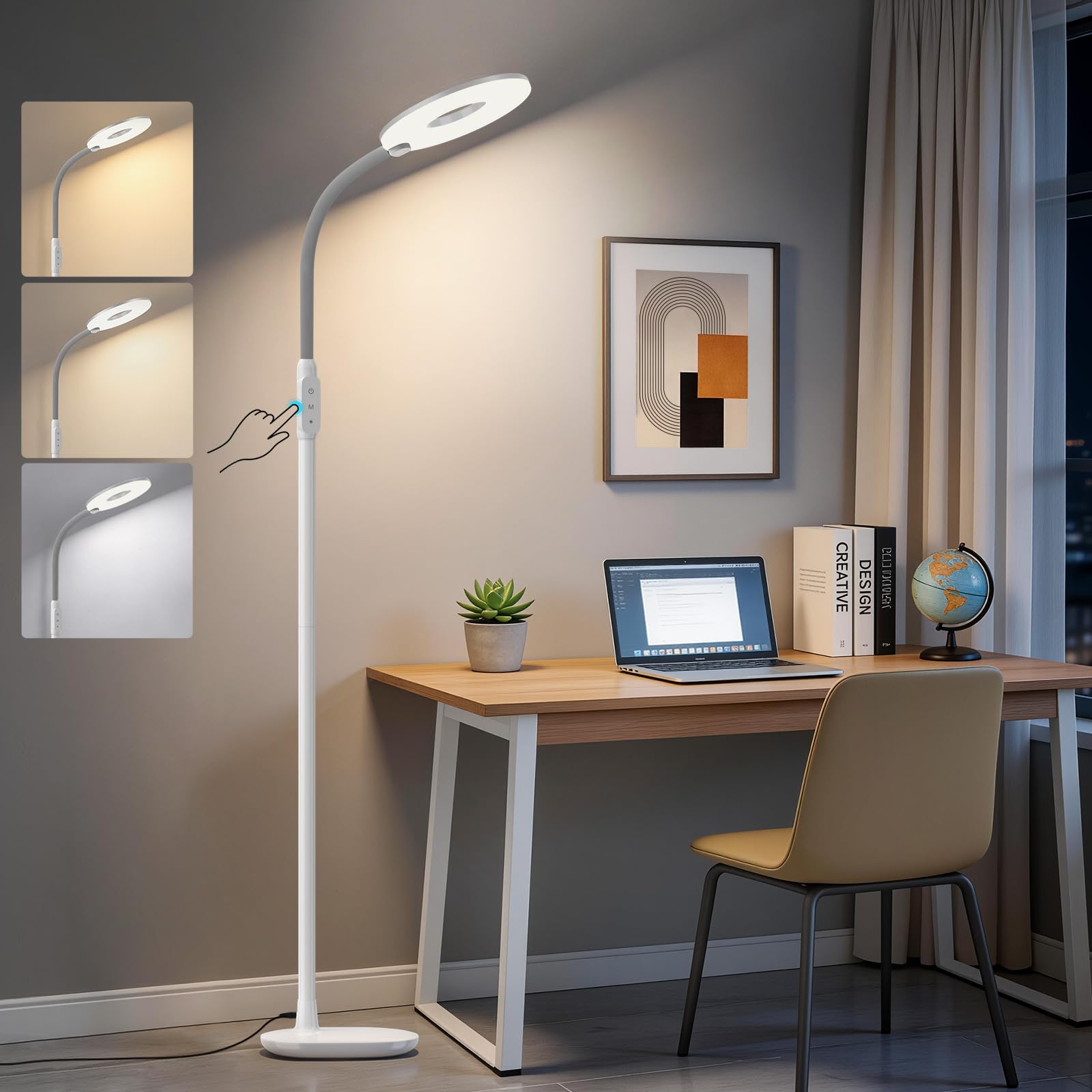 GyroVu LED Floor Lamp, 70'' Bright Reading Floor Lamps for Living Room, Dimmable & Adjustable Color Temperature, Touch Control Standing Tall Lamp, Gooseneck Floor Light for Bedroom Office, Black