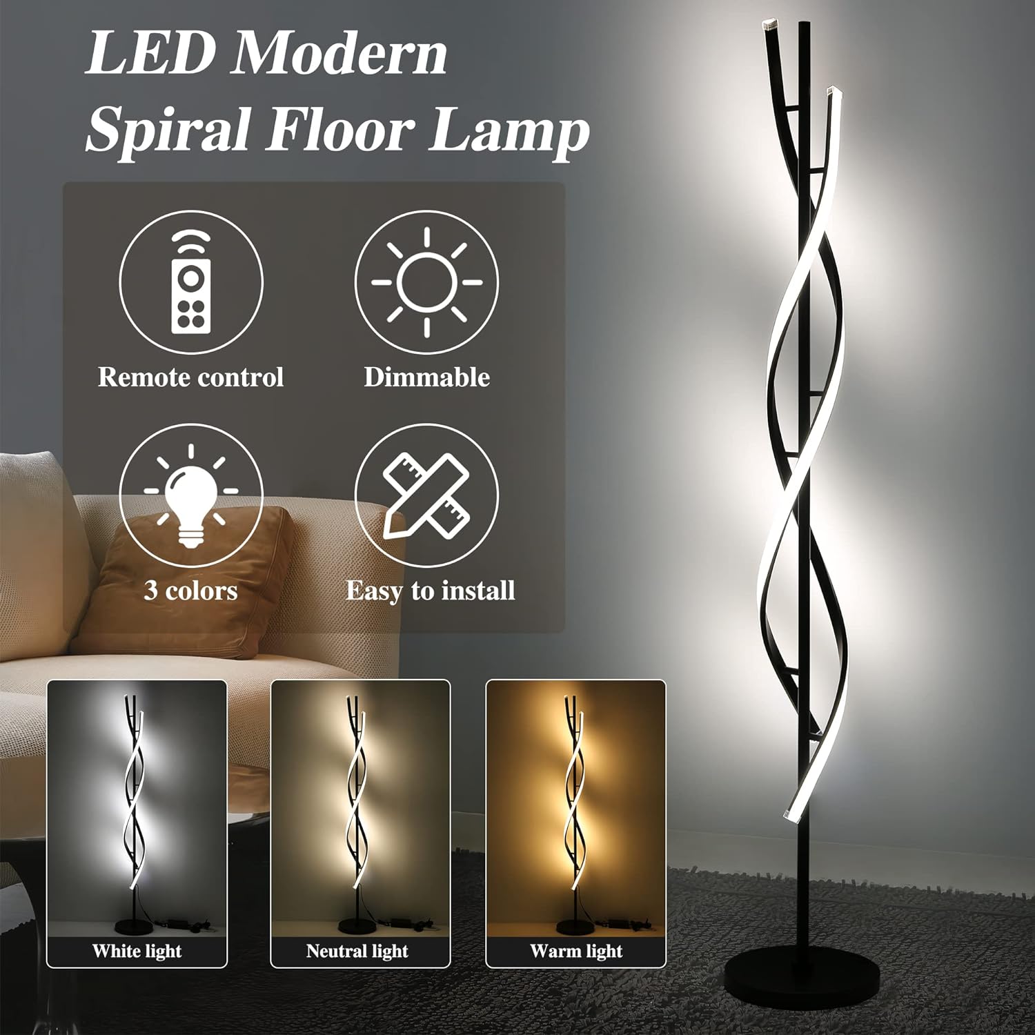 Modern Spiral Floor Lamp for Living Room, 30W Dimmable Led Corner Floor Lamp with Remote Control, 53 Inch Black Floor Lamps 3 Color Tall Corner Reading Lamp Standing Floor Lamps for Bedroom