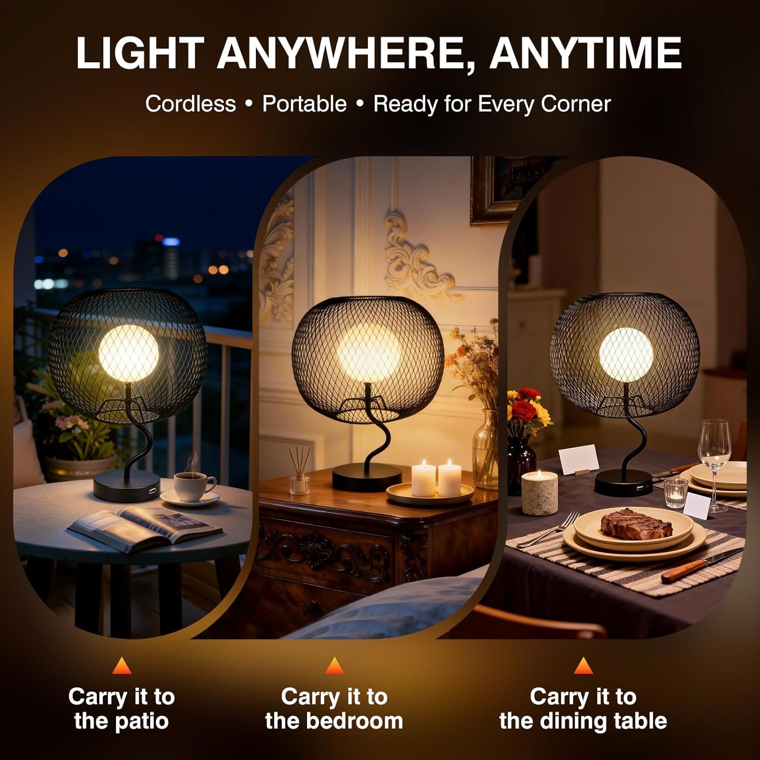 Cordless Touch Dimmable Table Lamp, Metal Mesh Shade USB-C Rechargeable