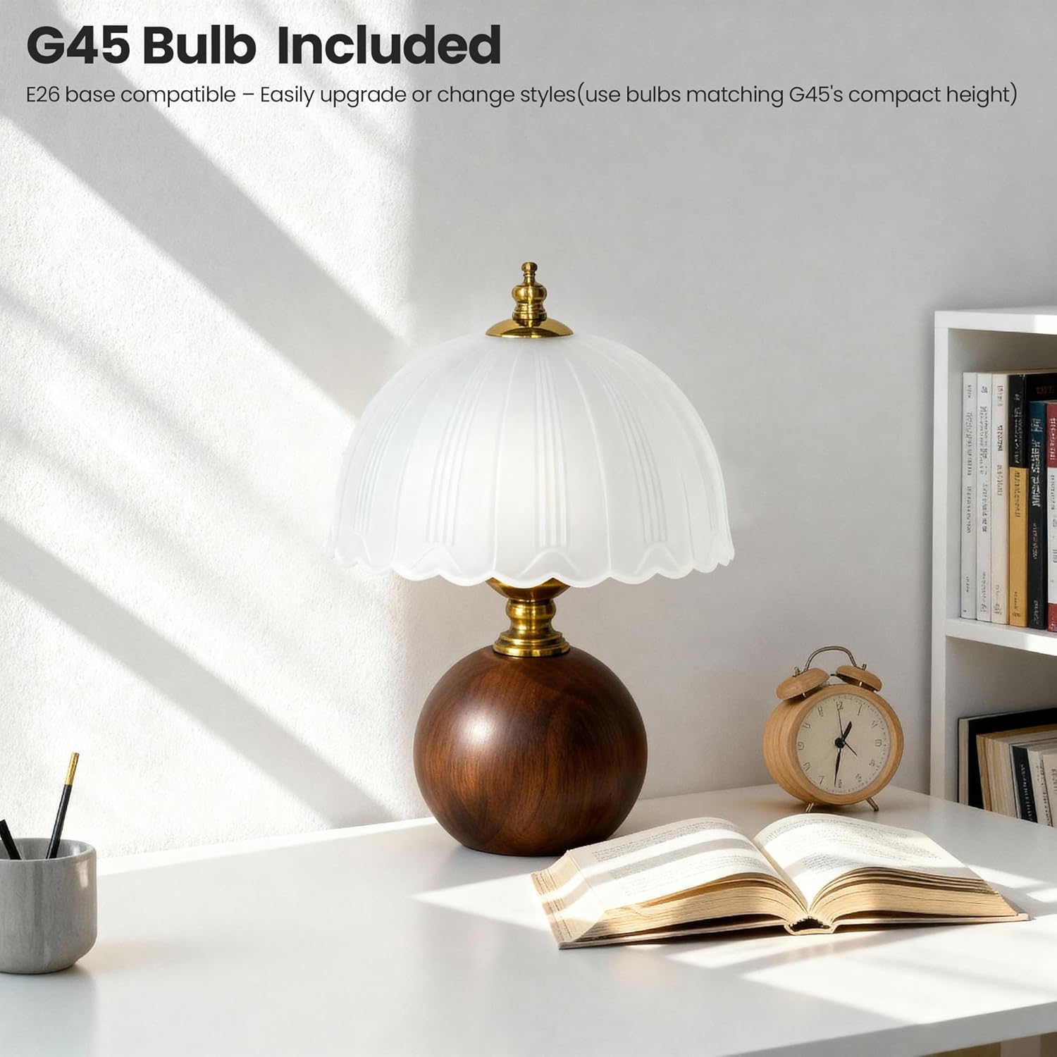 11.8" Wooden Table Lamp, Dimmable with Frosted Glass Shade for Bedroom Living Room