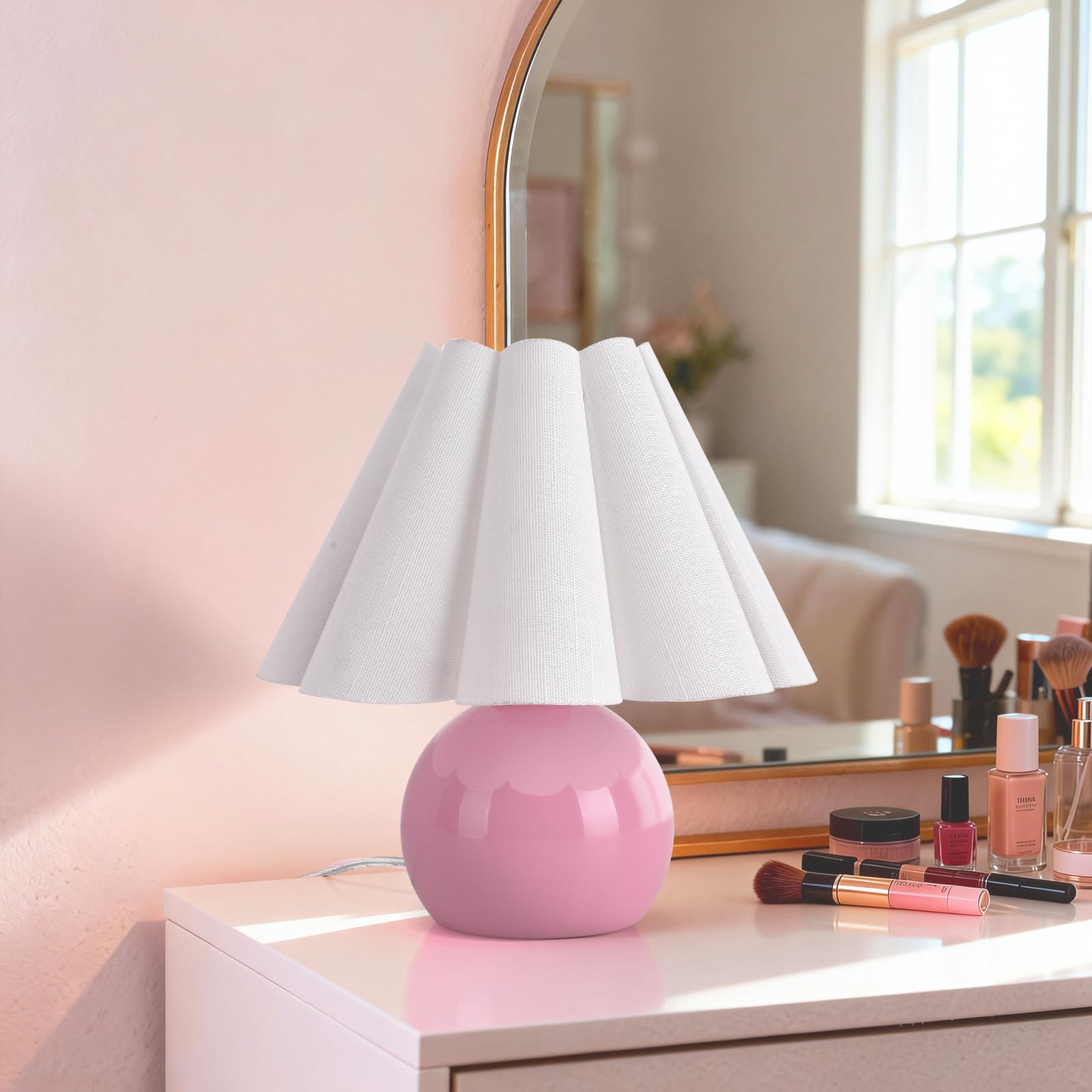 Brass Gold Small Bedside Lamp, Scalloped Shade Table Lamp for Bedroom Living Room