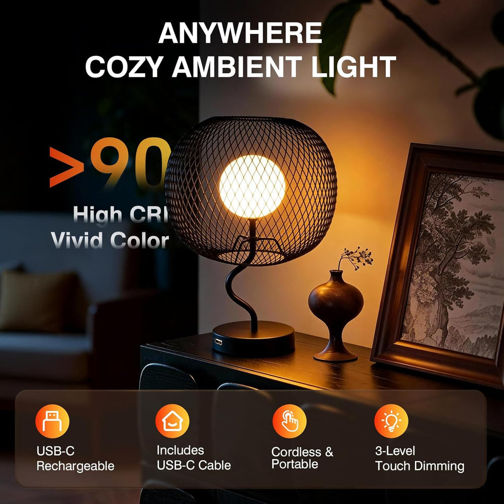 Cordless Touch Dimmable Table Lamp, Metal Mesh Shade USB-C Rechargeable