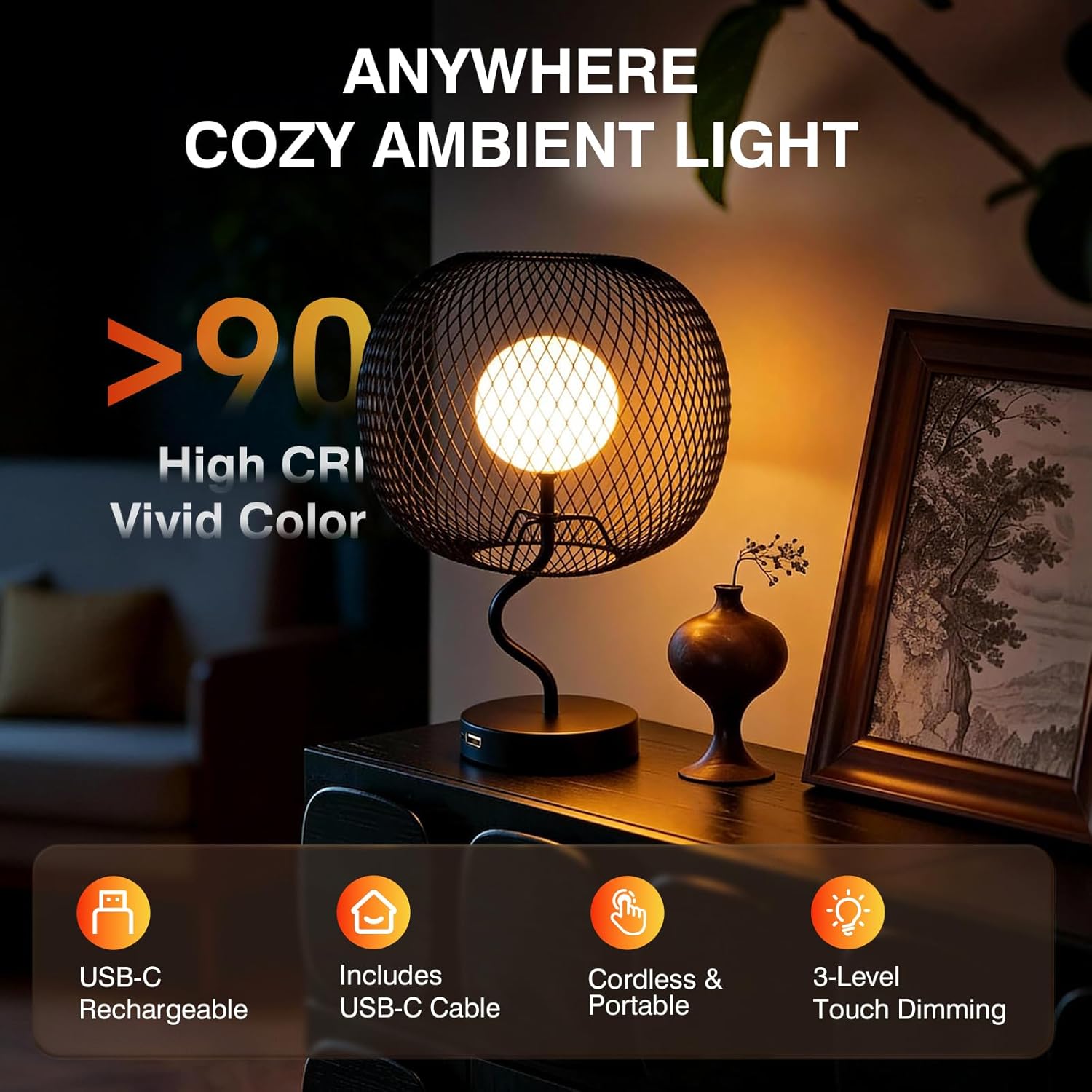 Cordless Touch Dimmable Table Lamp, Metal Mesh Shade USB-C Rechargeable