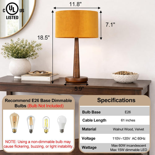 18.5" Table Lamp for Living Room, Modern Dimmable Walnut Wood Desk Lamps for Bedroom, UL Listed Nightstand Lamp, End Table Lamps for Console, Entryway, Office, Dorm, Home Decor, Orange Velvet Shade