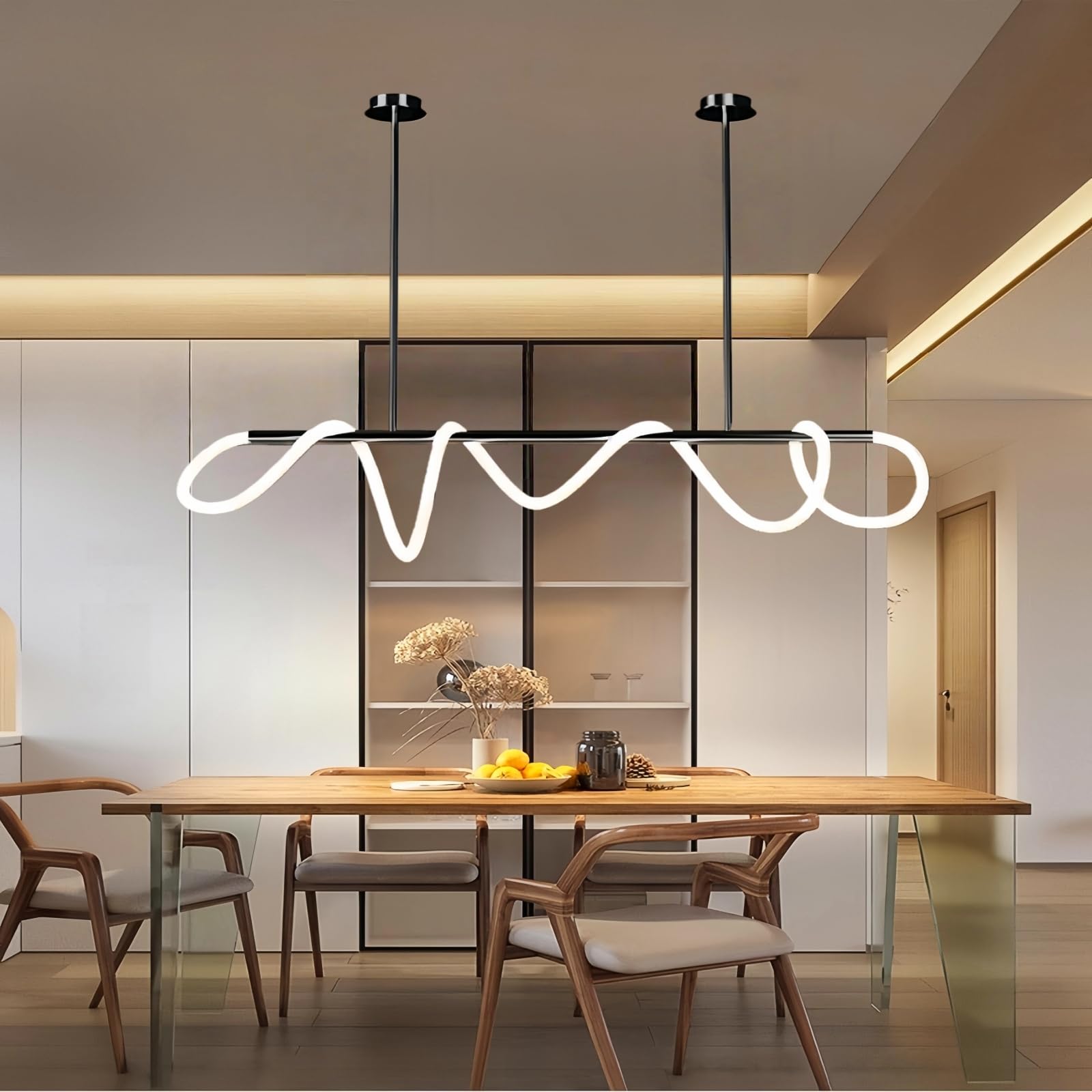 Modern Dimmable Desk Linear Pendant Light, with Remote 3 Color Mode & Brightness Ring Chandelier, 47 in Dining Room Ceiling Lamp Fixture, Gold Restaurant Kitchen Long Hose Lamp