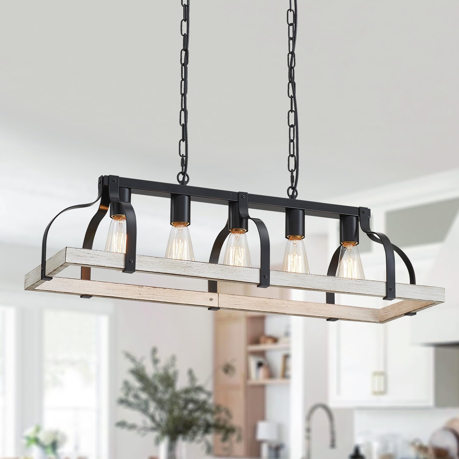 WUZUPS 5-Light Metal Chandelier Imitation Wood Grain Linear Pendant Ceiling Lighting Rustic Farmhouse Fixture Kitchen Island Dining Room, H 8.5" L 31.5" W10, E26 Base, Black & Retro Wood