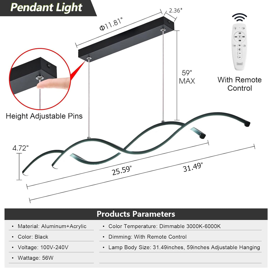 Modern LED Chandelier 31.49in Waving Linear Pendant Light Dimmable 3000K-6000K with Remote Control Hanging Island Light Fixture for Dining Room Living Room