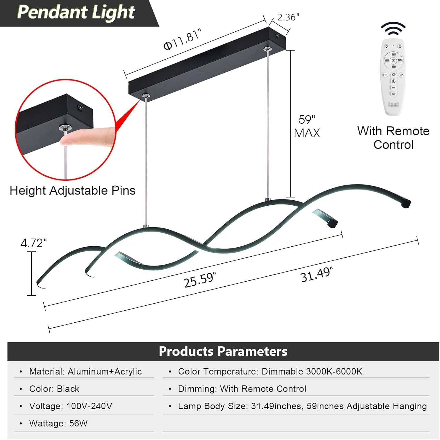 Modern LED Chandelier 31.49in Waving Linear Pendant Light Dimmable 3000K-6000K with Remote Control Hanging Island Light Fixture for Dining Room Living Room