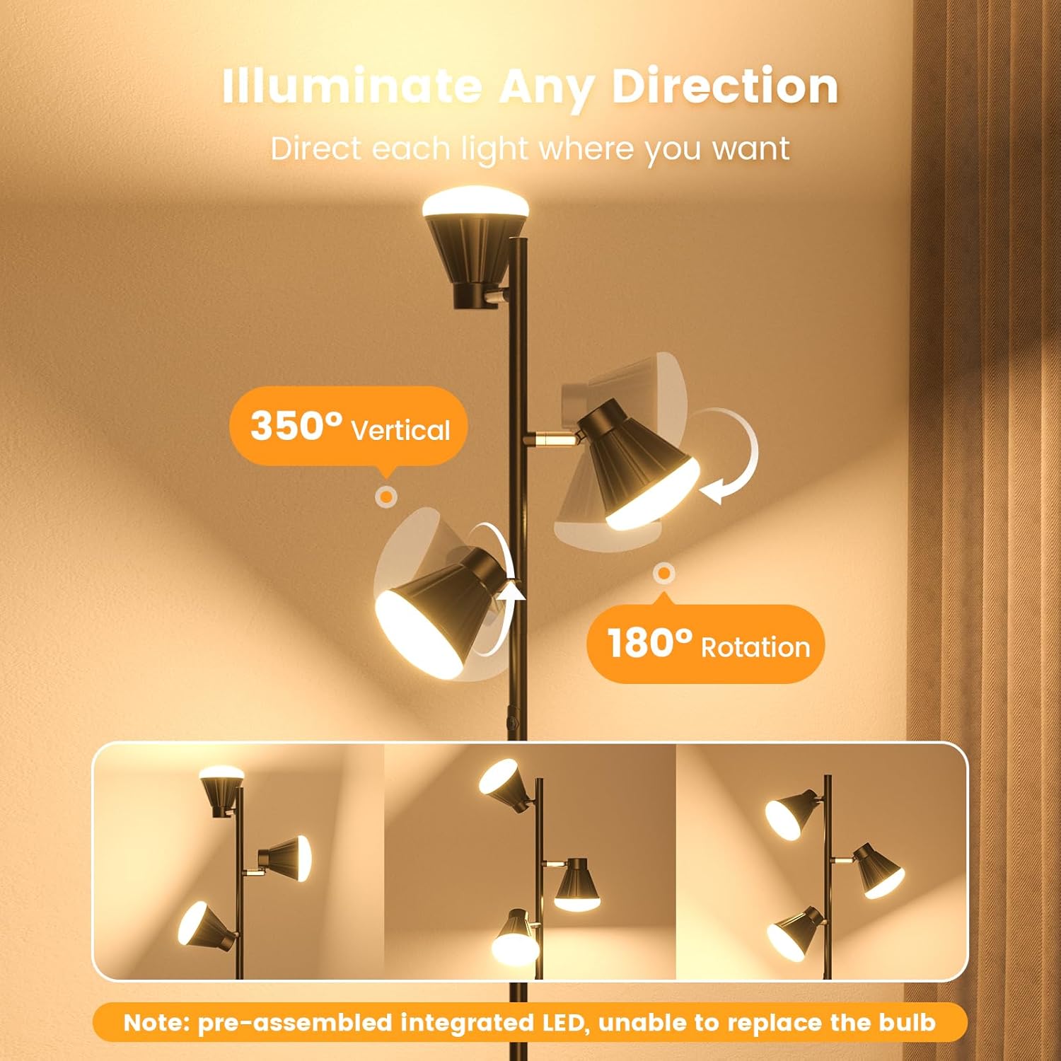 SIBRILLE 36W LED Tree Floor Lamp, Dimmable Tall Standing Lamp with Remote & Touch Control, 4 Color Temperatures Bright Floor Lamp, 3 Rotatable Light Modern Floor Lamps for Living Room Bedroom Office