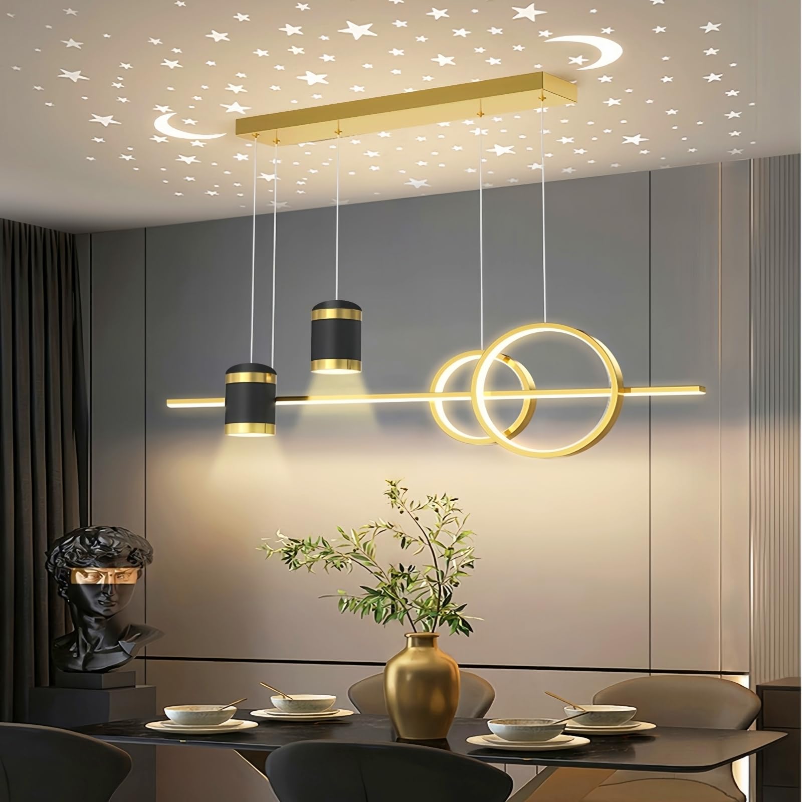 Modern Dimmable Desk Linear Pendant Light, with Remote 3 Color Mode & Brightness Ring Chandelier, 47 in Dining Room Ceiling Lamp Fixture, Gold Restaurant Kitchen Long Hose Lamp