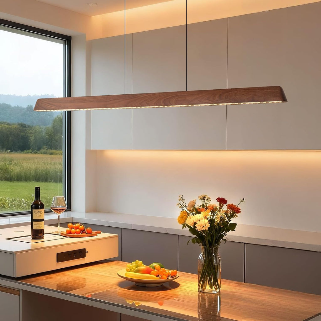 57" Wood Linear Pendant Light, Dimmable Kitchen Island Lighting with Remote, 30W LED Island Lights for Kitchen, Adjustable Linear Chandelier for Dinning Room Light Fixture, Bar, Pool Table Light