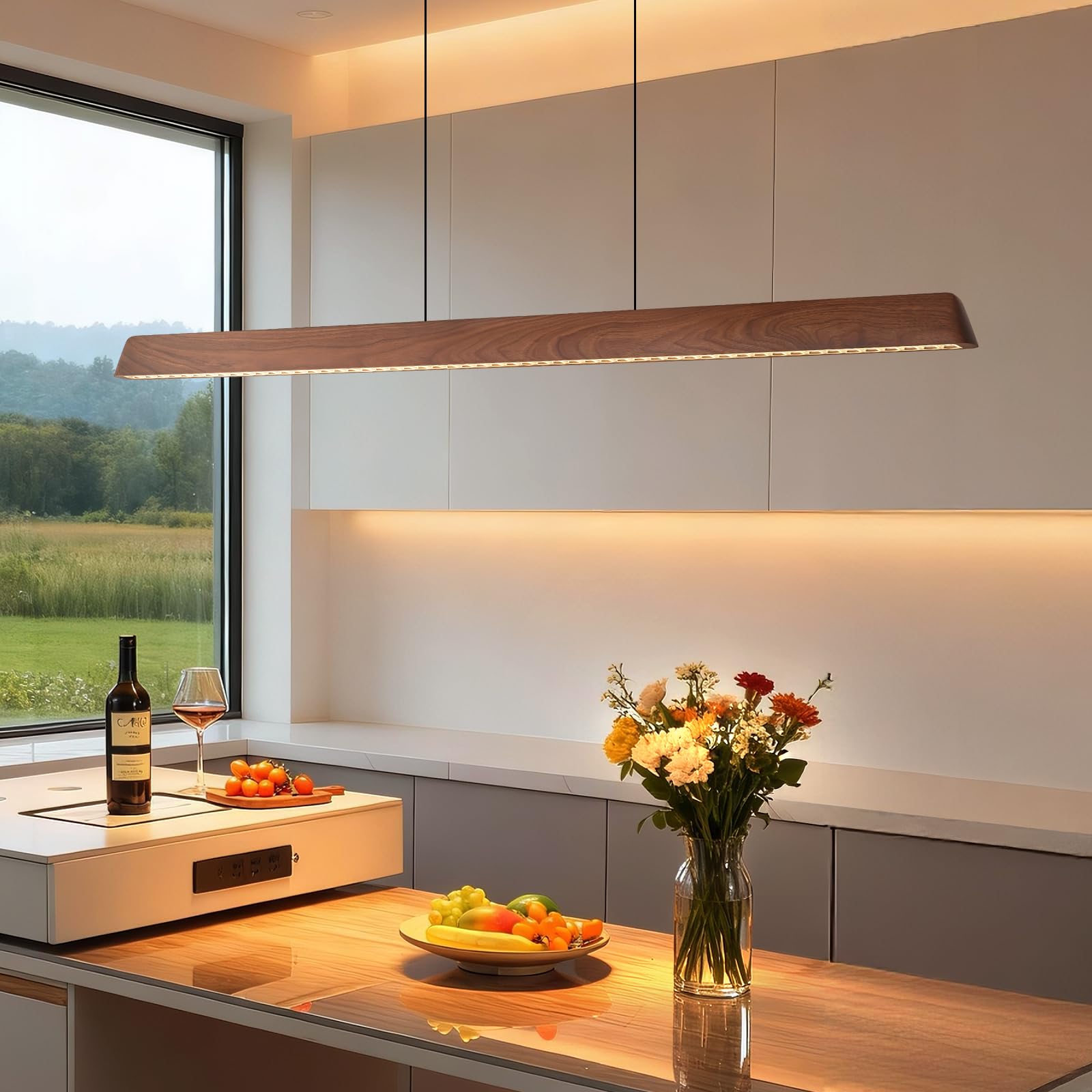 57" Wood Linear Pendant Light, Dimmable Kitchen Island Lighting with Remote, 30W LED Island Lights for Kitchen, Adjustable Linear Chandelier for Dinning Room Light Fixture, Bar, Pool Table Light