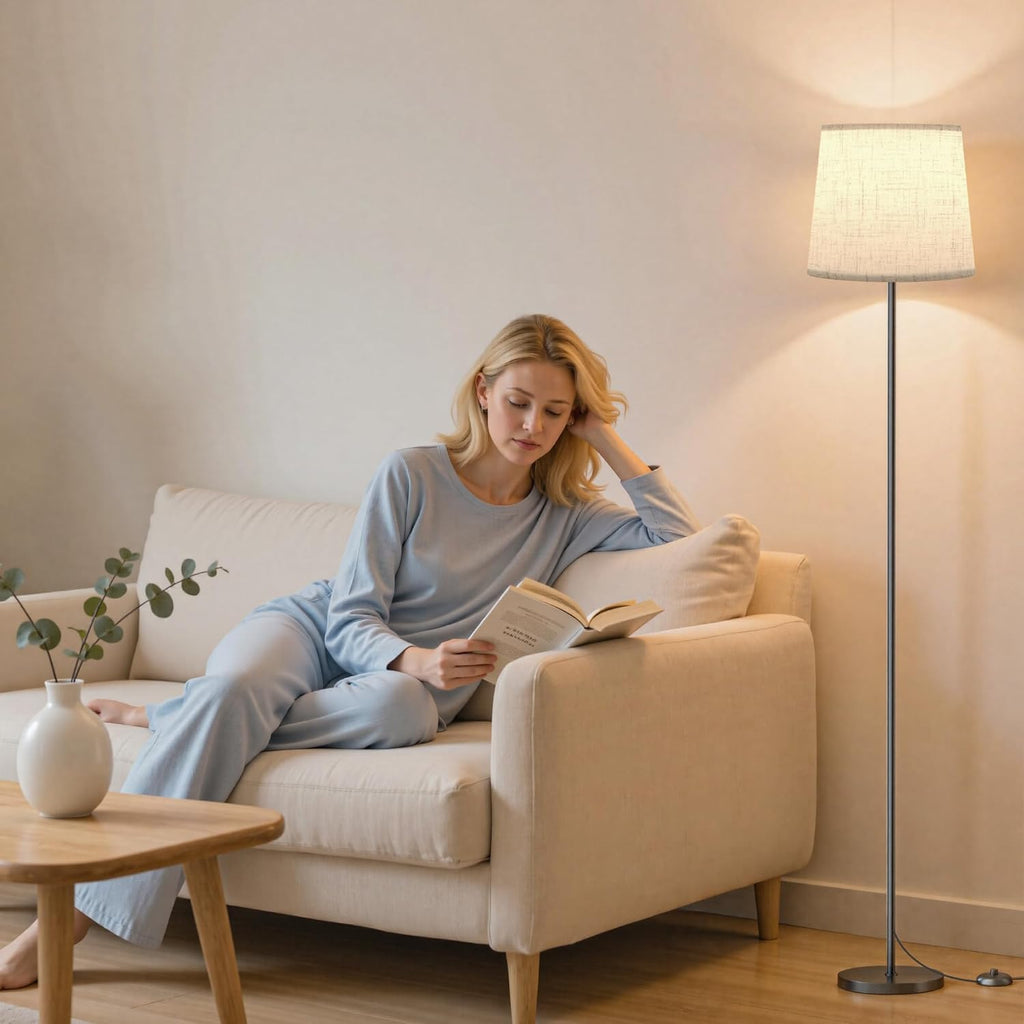 SIBRILLE Floor Lamp with Linen Shade - 62" Dimmable LED Standing Lamp with Remote Control, 9W E26 Bulb Included, 3000-6000K, Modern Floor Reading Light for Bedroom Living Room Office Corner, Black
