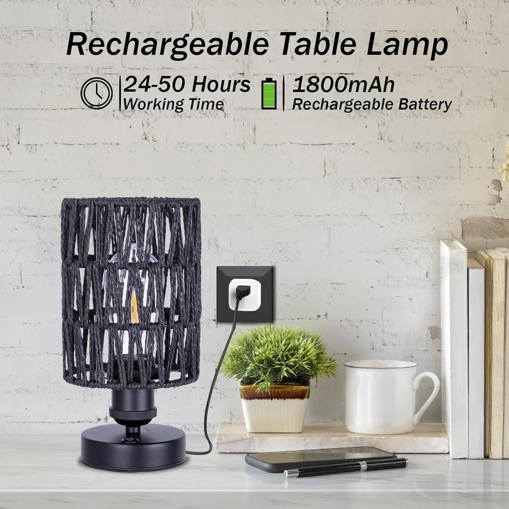 Cordless Rechargeable Outdoor Table Lamps, Battery Operated Table Lamp, Stepless Dimmable for Patio, Living Room, and Bedroom (Bulb Included) - Set of 2 (Black)