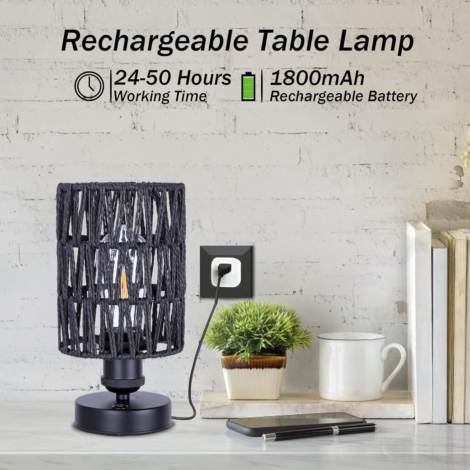 Cordless Rechargeable Outdoor Table Lamps, Battery Operated Table Lamp, Stepless Dimmable for Patio, Living Room, and Bedroom (Bulb Included) - Set of 2 (Black)