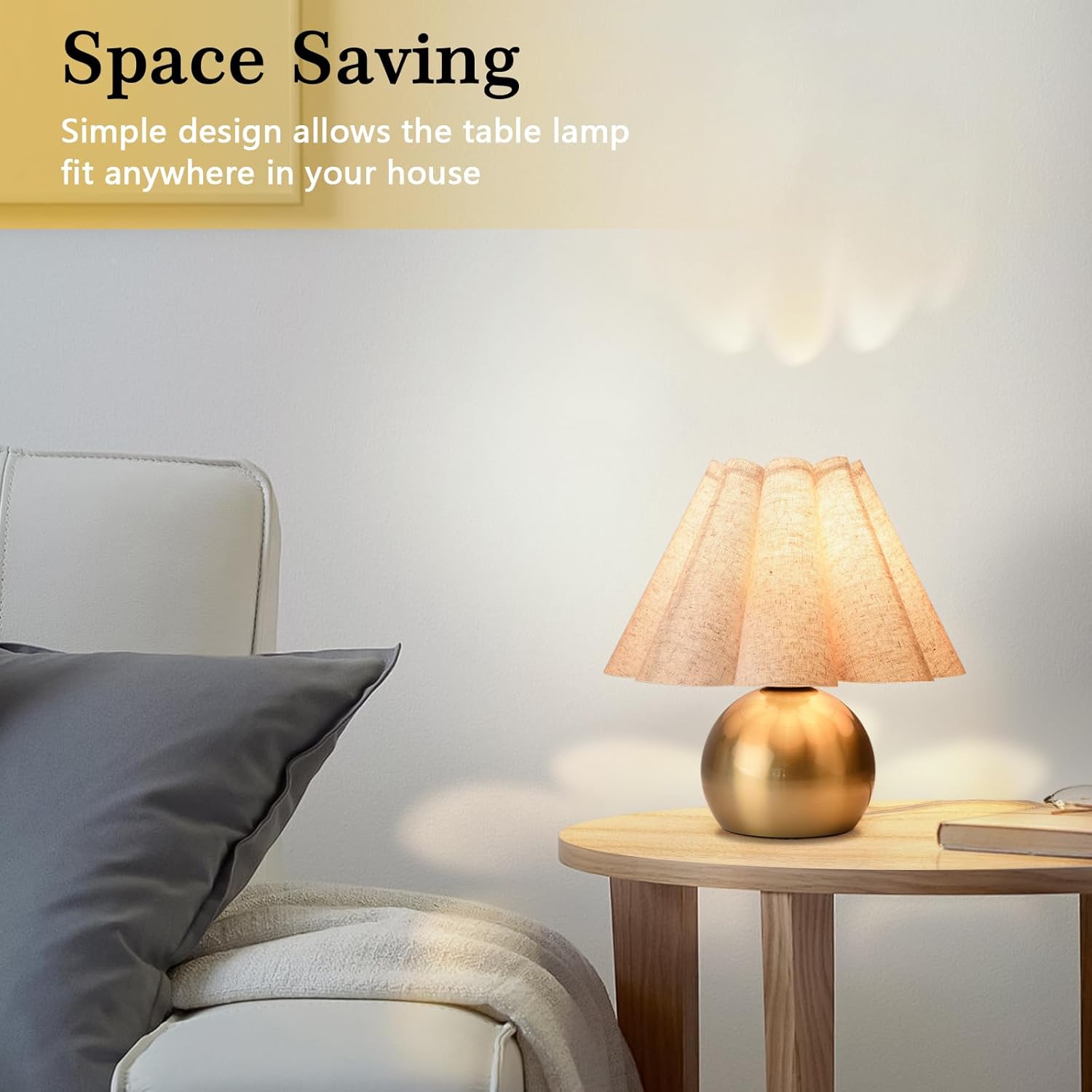 Brass Gold Small Bedside Lamp, Scalloped Shade Table Lamp for Bedroom Living Room