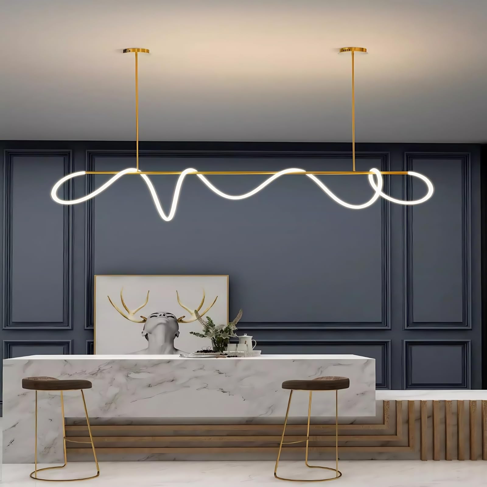 Modern Dimmable Desk Linear Pendant Light, with Remote 3 Color Mode & Brightness Ring Chandelier, 47 in Dining Room Ceiling Lamp Fixture, Gold Restaurant Kitchen Long Hose Lamp