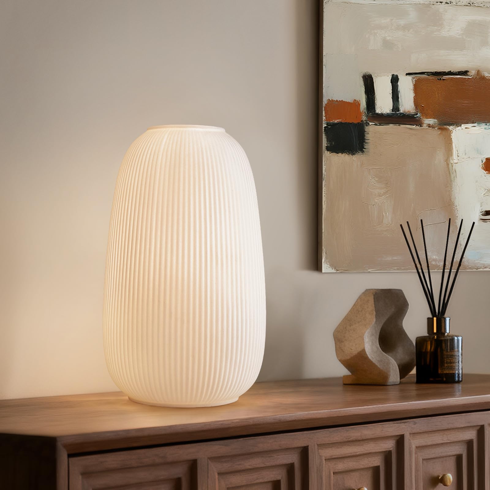 RONDURE 9.1" Modern Ceramic Table Lamp, Fully Dimmable Bedside Lamp for Bedroom Living Room Nightstand, White Translucent Ceramic Shade, Warm Ambient Decorative Corded Lighting, Bulb Included