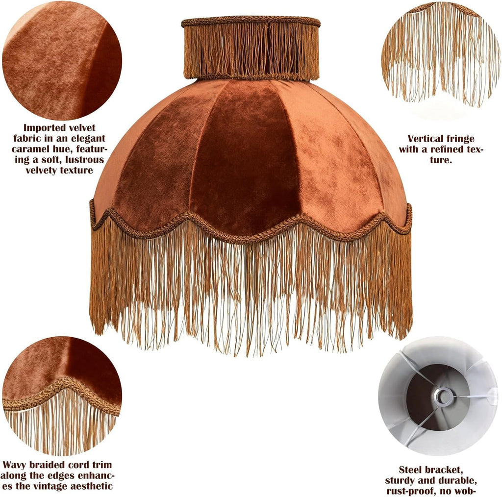 Caramel-colored velvet fringe lampshade 7.8" Top x 17.7" Bottom x 13.4" High x 15 Slant"- Large Dome with Scalloped Edge & Fringe Tassels, for Table/Floor Lamps (1, Caramel, Large)