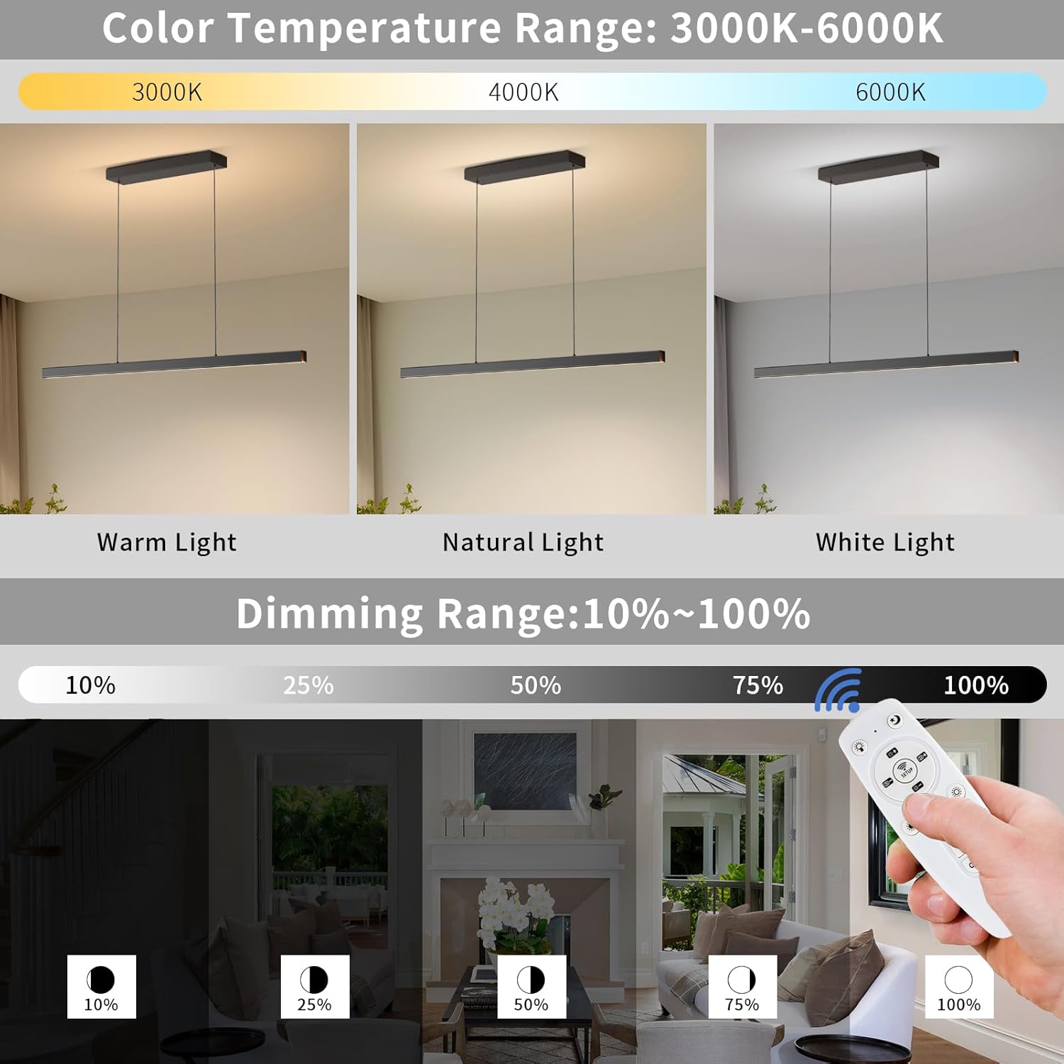 LED Linear Pendant Lights, 47in Island Lighting Fixture 3000k-6000K Dimmable, Chandelier Lamp for Kitchen Dining Room Pool Table Office Bar Garage Workbench