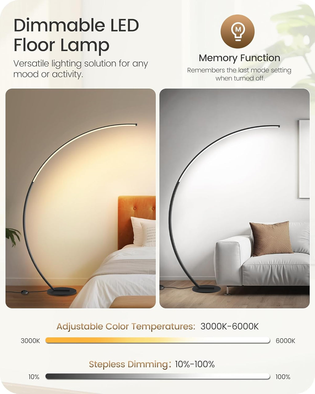 75" Dimmable LED Arc Floor Lamp | 3 Colors, Remote & Foot Control