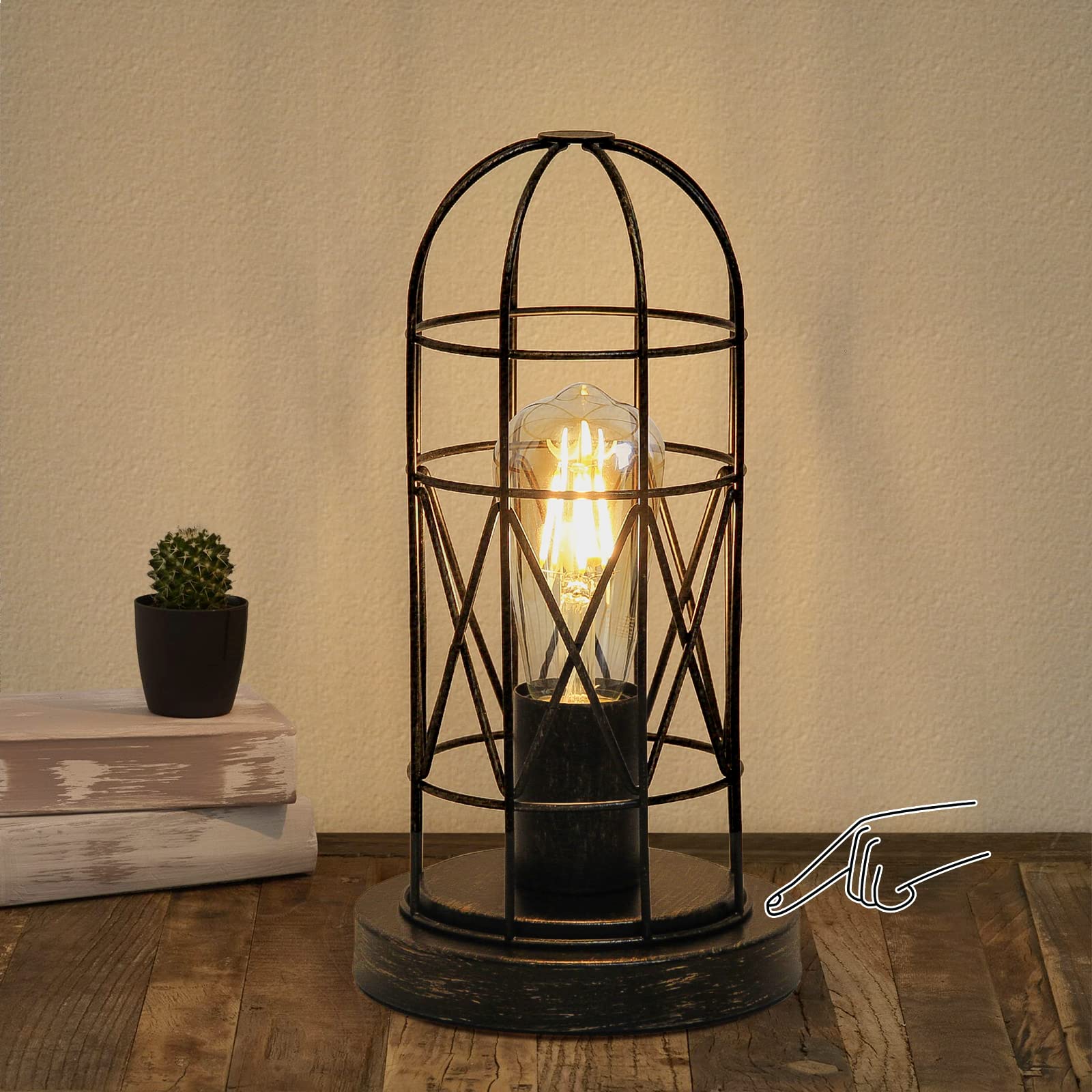 Industrial Table Lamp, Small Touch Lamp with Rustic Cage Vintage Bedside Lamp 3 Way Dimmable Nightstand Lamp Edison Desk Lamp for Bedroom, Living Room, Hallway, Entryway, Kitchen, 4W LED Bulb Included
