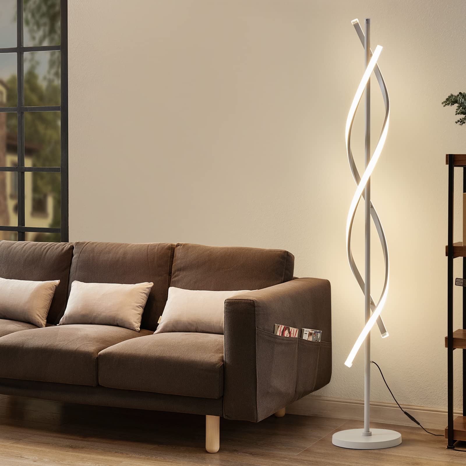 Spiral LED Floor Lamp for Bedroom,Modern Floor Lamps with Remote Control 60 Inch Dimmable Black Floor Lamp 48W Standing Lamp Timing 3 Color Temperature Corner Floor Lamps for Living Room