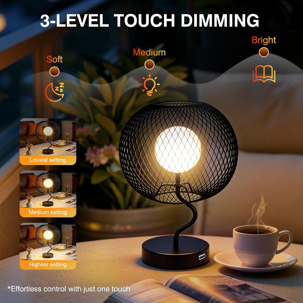 Cordless Touch Dimmable Table Lamp, Metal Mesh Shade USB-C Rechargeable