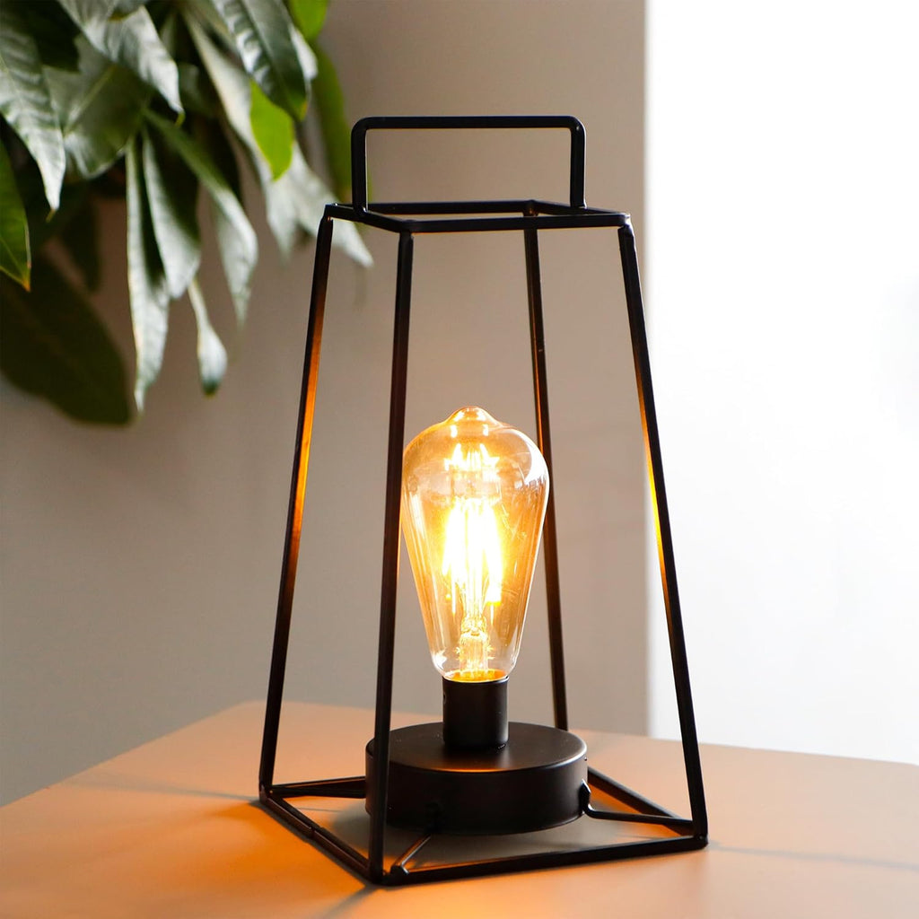 JHY DESIGN Retro Style Geometric Table Lamp 12''H Simple Iron Art Cordless Lamp Battery Operated Cage Wireless Light with 6-Hours Timer for Balcony Wedding Parties Indoor Outdoor(Tall, Black)