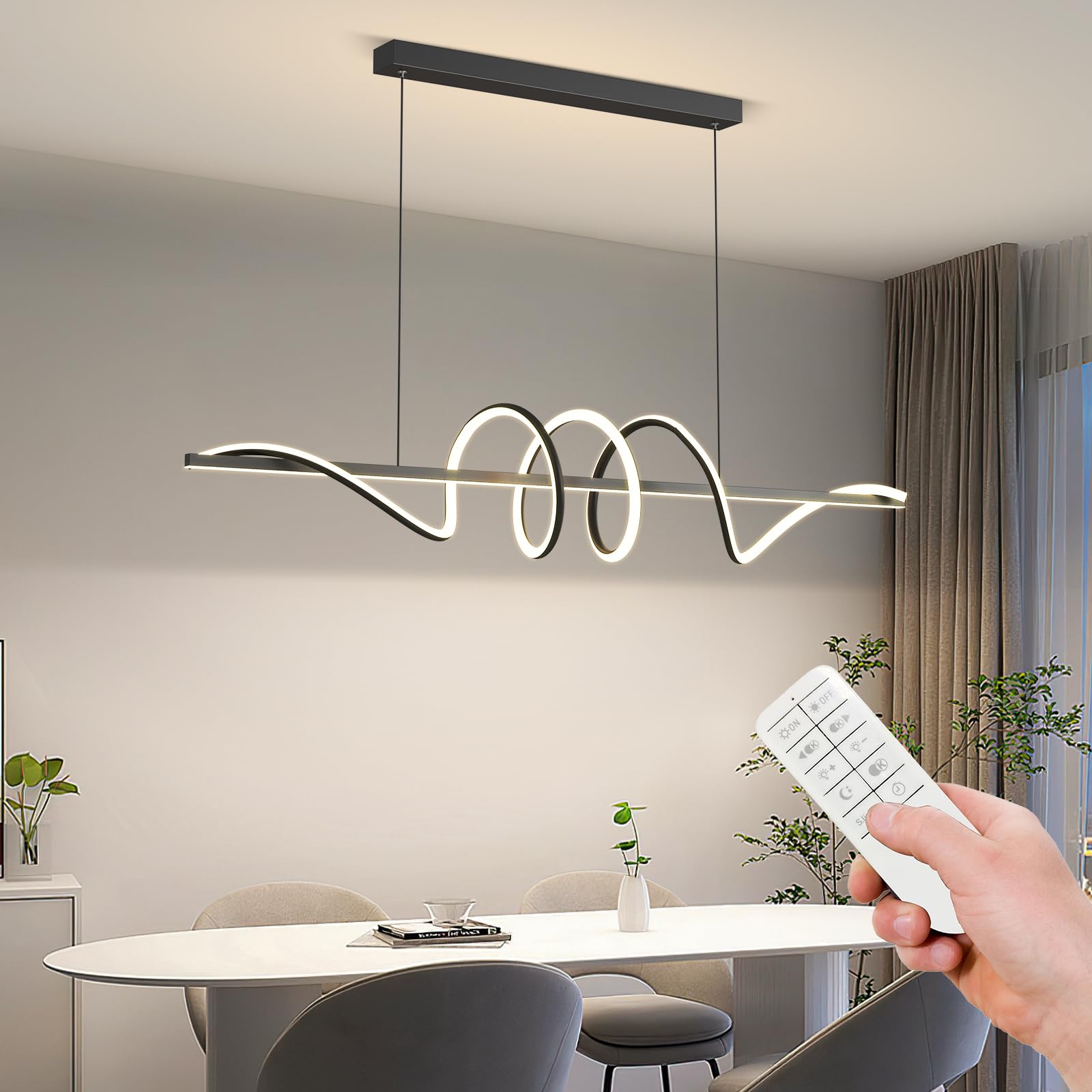 JAYMP Minimalist Linear Pendant Light Dimmable LED Modern Chandelier Dining Room Island Light Restaurant Cafe Bar Office Hanging Lamp (Black 1, 57 Inch)