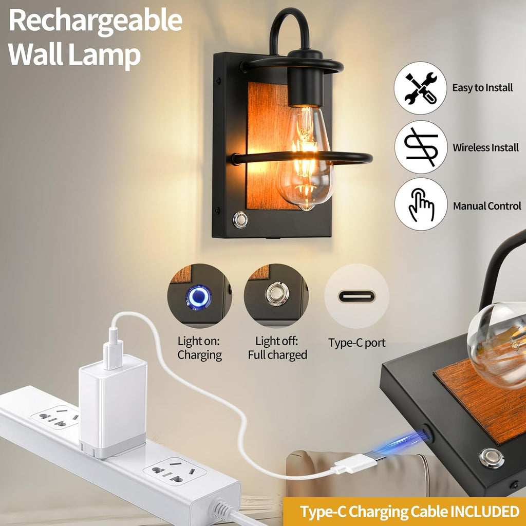 HOXIYA DIMMABLE Battery Operated Wall Sconce Set of 2, Industrial Wireless Wall Lighting Fixture, Faux-Wood Black Rechargeable Wall Lamp, Battery Powered Wall Decor for Bedroom Hallway, Bulb Included