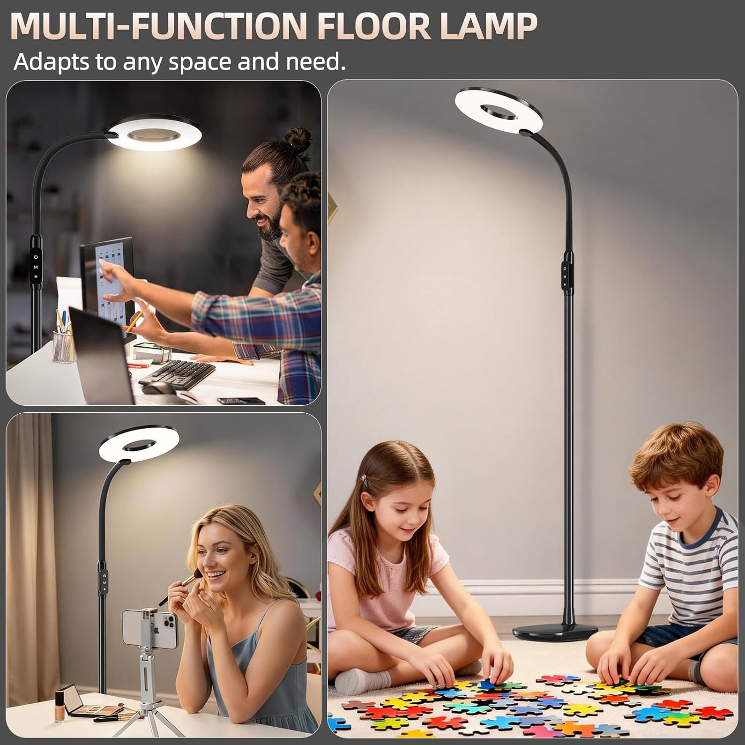 GyroVu LED Floor Lamp, 70'' Bright Reading Floor Lamps for Living Room, Dimmable & Adjustable Color Temperature, Touch Control Standing Tall Lamp, Gooseneck Floor Light for Bedroom Office, Black