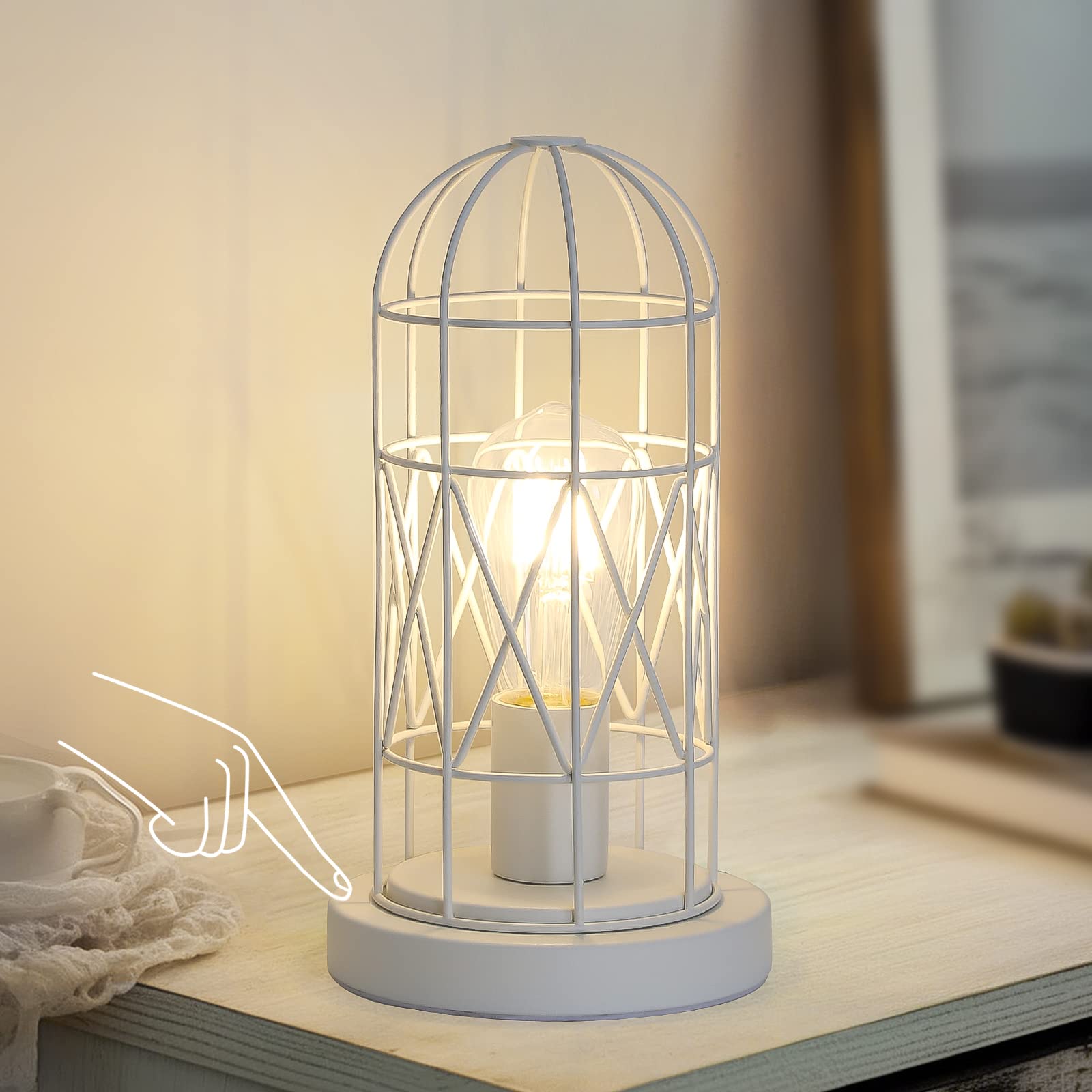 Industrial Table Lamp, Small Touch Lamp with Rustic Cage Vintage Bedside Lamp 3 Way Dimmable Nightstand Lamp Edison Desk Lamp for Bedroom, Living Room, Hallway, Entryway, Kitchen, 4W LED Bulb Included