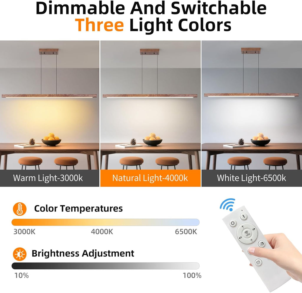 Modern Wooden Pendant Light, 47IN Walnut Wooden Chandelier with Remote Control 3000k-6500K Adjustable Color Temperature，Aluminum Island Lighting Lamp for Dining Room, Living Room