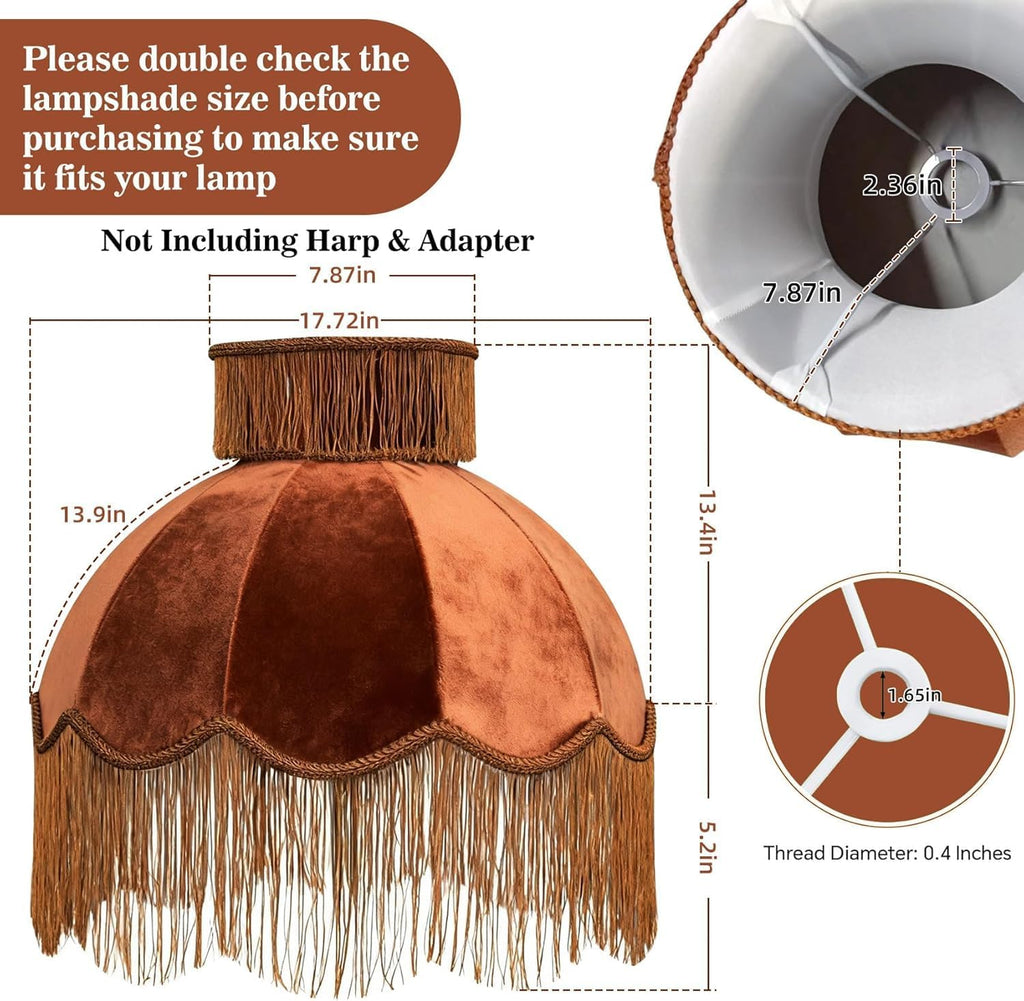 Caramel-colored velvet fringe lampshade 7.8" Top x 17.7" Bottom x 13.4" High x 15 Slant"- Large Dome with Scalloped Edge & Fringe Tassels, for Table/Floor Lamps (1, Caramel, Large)
