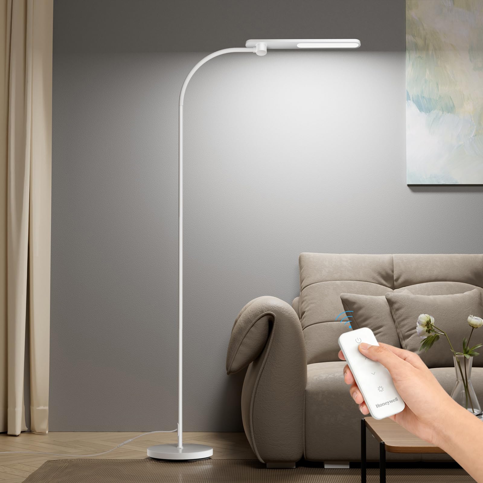 Honeywell LED Floor Lamp for Reading, CRI97 Full Spectrum Gooseneck Floor Lamp with Remote, Eye-Caring Dimmable Standing Task Light, 3 Color Temperatures, 77.5" Tall for Living Room Bedroom Office
