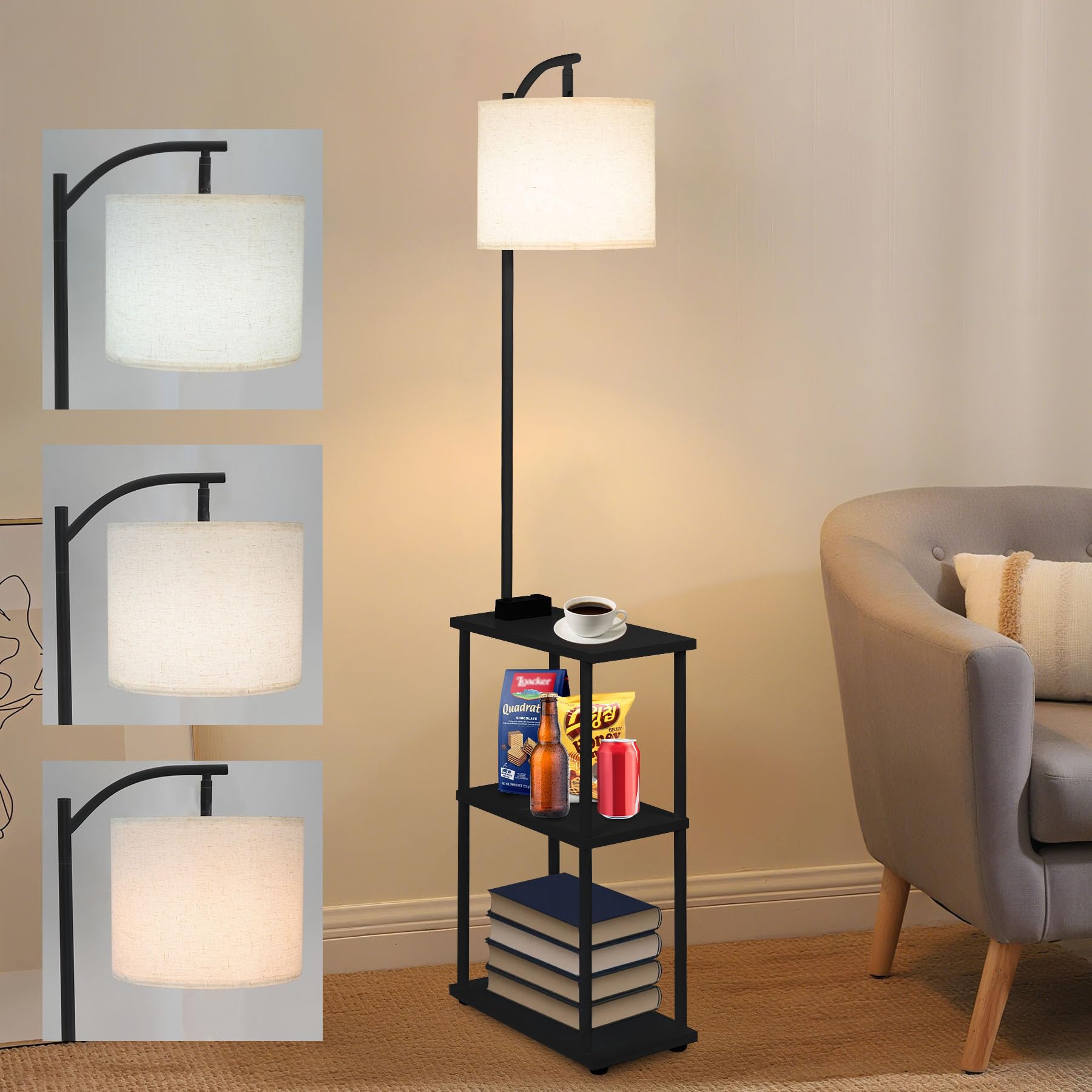 LED Floor Lamp with Table, 15W Bright Reading floor lamp with Remote & Touch Control, Narrow Side Table with USB Charging Station and AC Port, End Table for Bedroom, Living Room and Home Office, Black