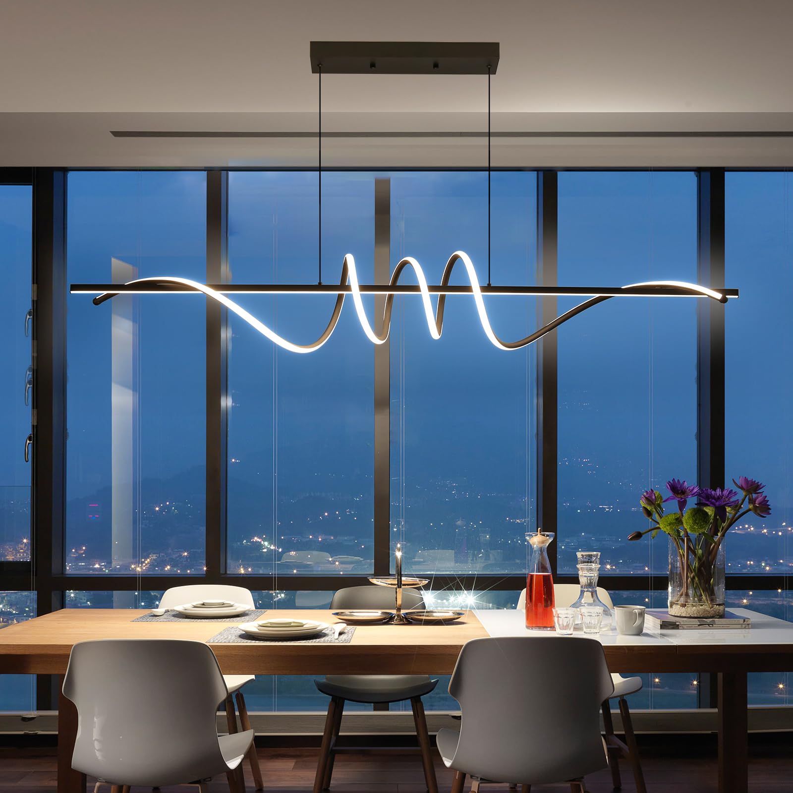 Modern Chandelier, Linear Pendant Light LED Dimmable Hanging Light Fixture, 3000K-6500K with Remote Control (Black, 47IN)