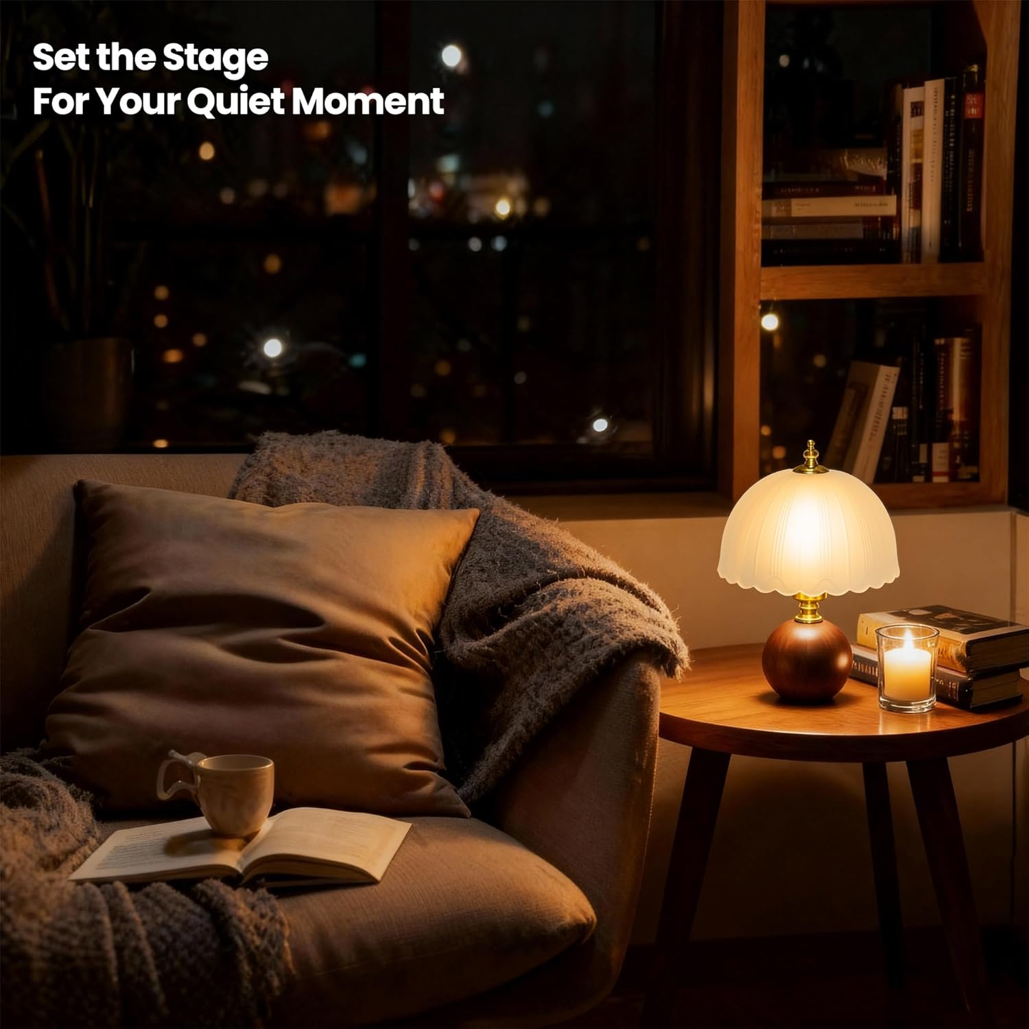 11.8" Wooden Table Lamp, Dimmable with Frosted Glass Shade for Bedroom Living Room