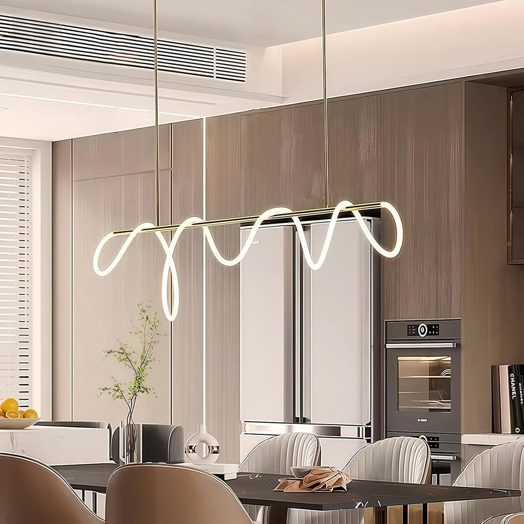 Modern Dimmable Desk Linear Pendant Light, with Remote 3 Color Mode & Brightness Ring Chandelier, 47 in Dining Room Ceiling Lamp Fixture, Gold Restaurant Kitchen Long Hose Lamp