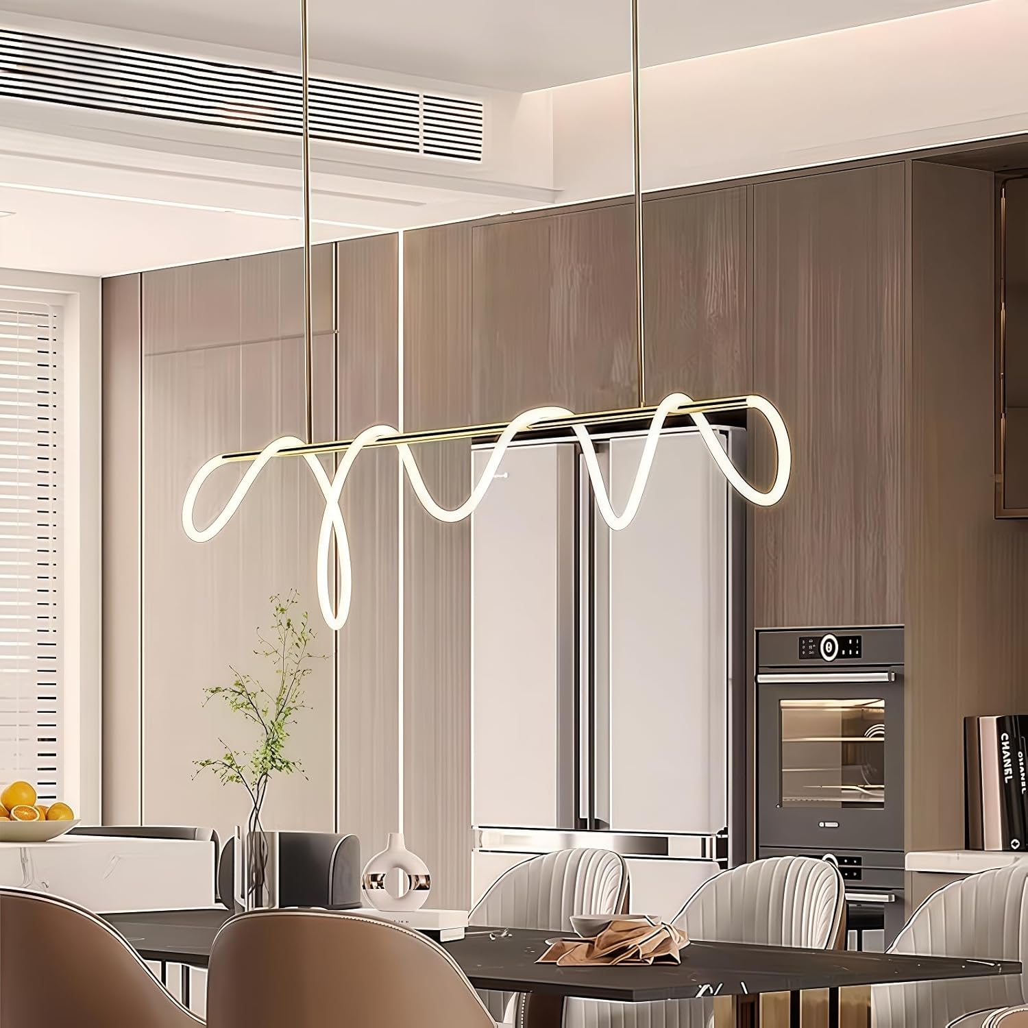 Modern Dimmable Desk Linear Pendant Light, with Remote 3 Color Mode & Brightness Ring Chandelier, 47 in Dining Room Ceiling Lamp Fixture, Gold Restaurant Kitchen Long Hose Lamp