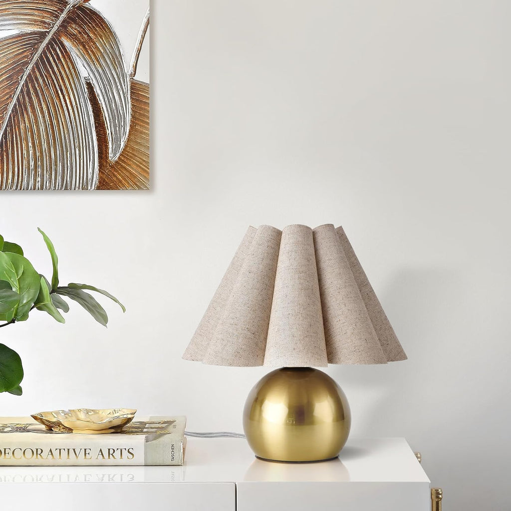 Brass Gold Small Bedside Lamp, Scalloped Shade Table Lamp for Bedroom Living Room