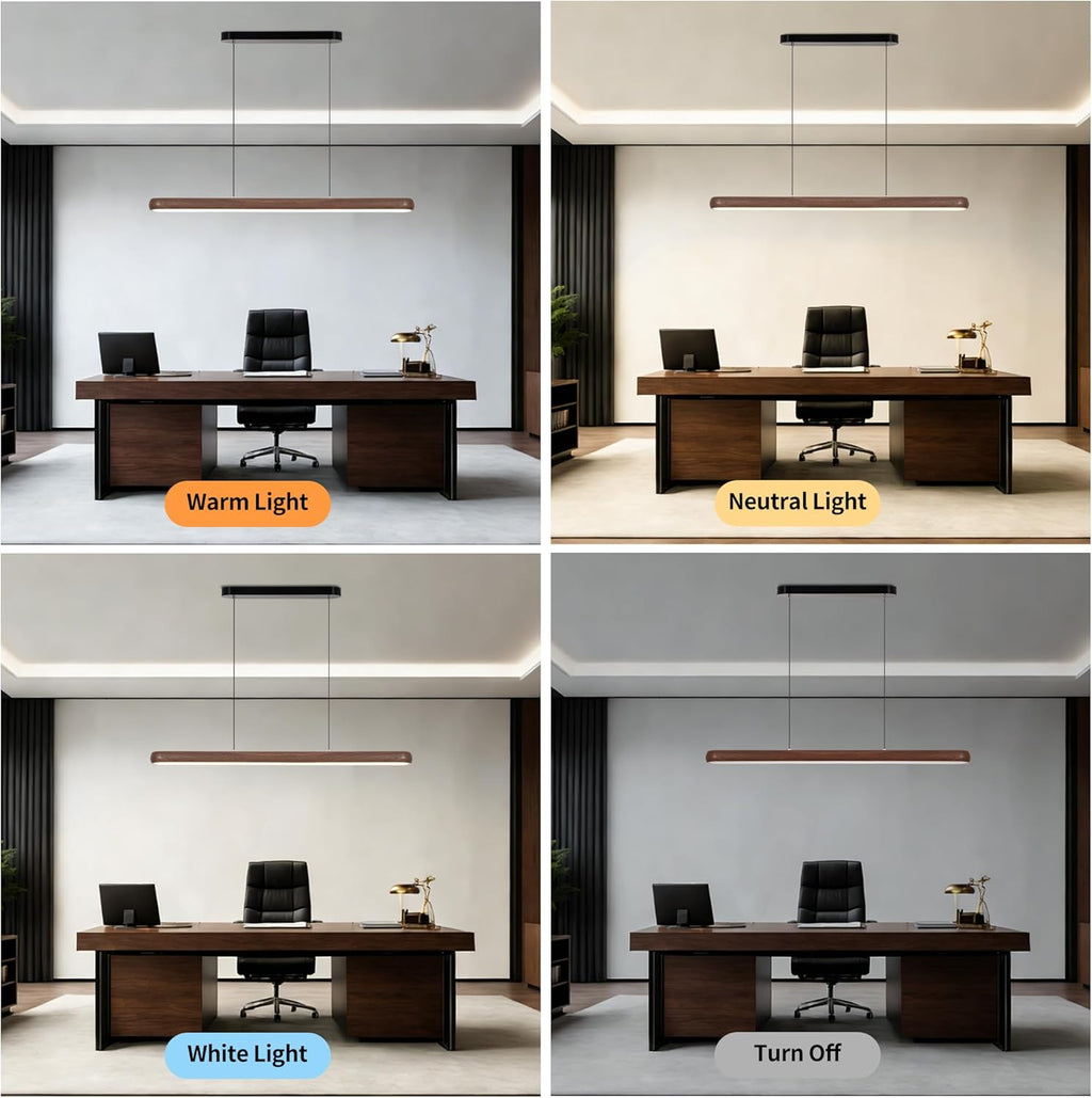 47" Wood Grain Pendant Lights Kitchen Island Lights LED Linear Hanging Light Modern Chandelier for Dining Room Table Dimmable with Remote Control & Memory Function Lighting Fixture