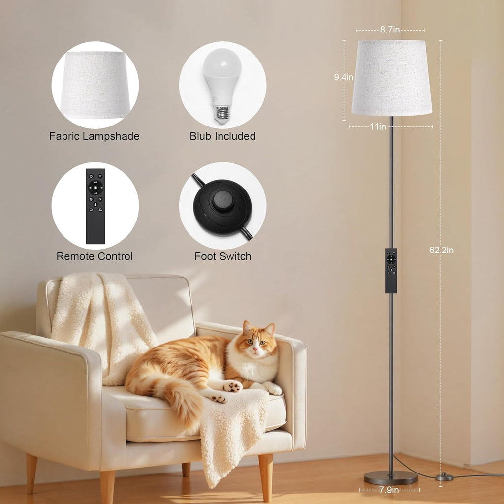 SIBRILLE Floor Lamp with Linen Shade - 62" Dimmable LED Standing Lamp with Remote Control, 9W E26 Bulb Included, 3000-6000K, Modern Floor Reading Light for Bedroom Living Room Office Corner, Black