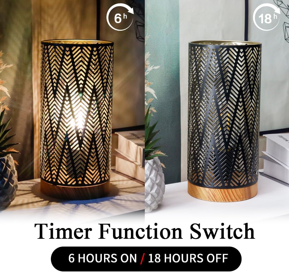 JHY DESIGN Metal Lamp Battery Powered 11''H Accent Cordless Decor Battery Lamp with 6-Hours Timer for Weddings Party Patio Garden Indoor Outdoor Table Balcony Christmas Decorations (with Wooden Base)
