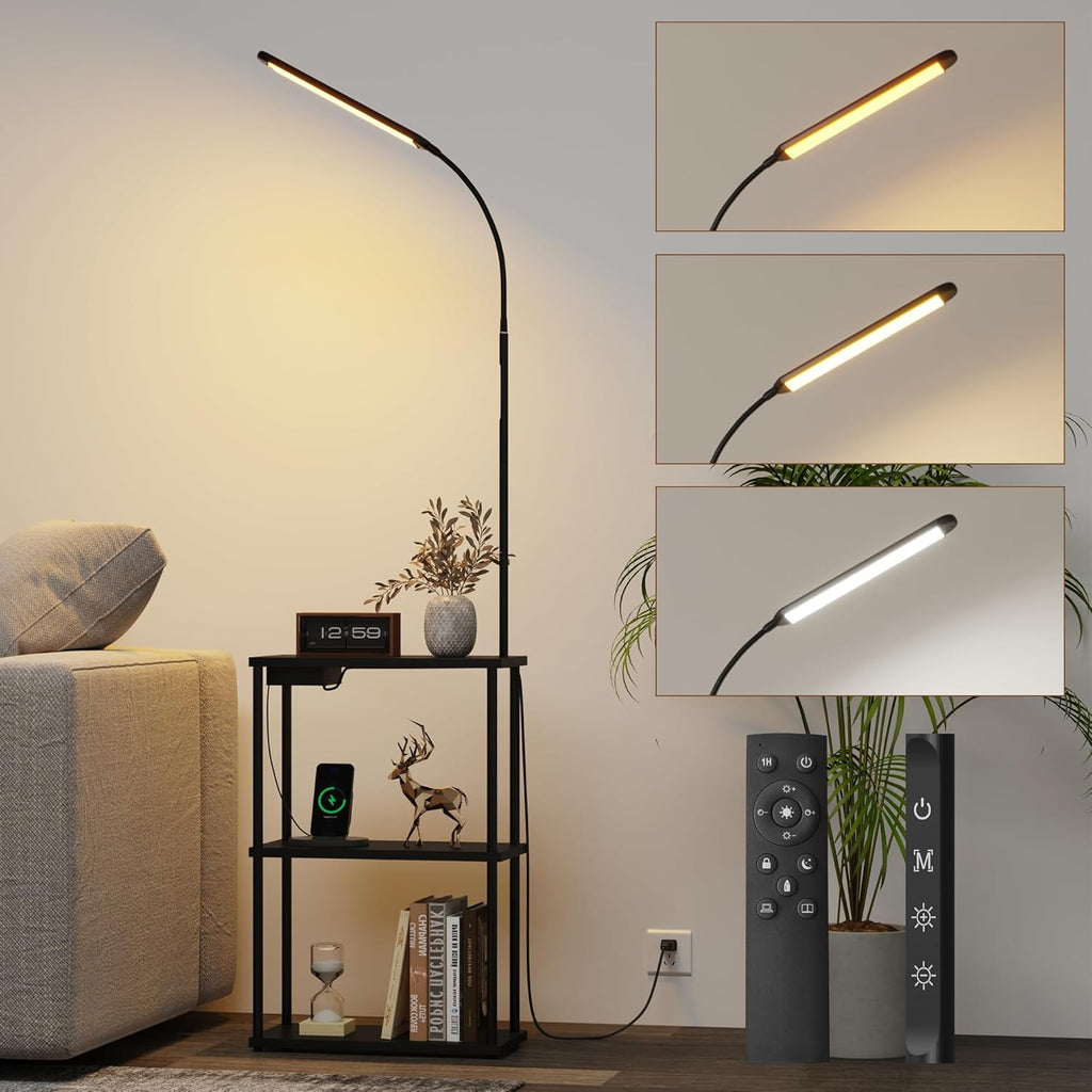 LED Floor Lamp with Table, 15W Bright Reading floor lamp with Remote & Touch Control, Narrow Side Table with USB Charging Station and AC Port, End Table for Bedroom, Living Room and Home Office, Black